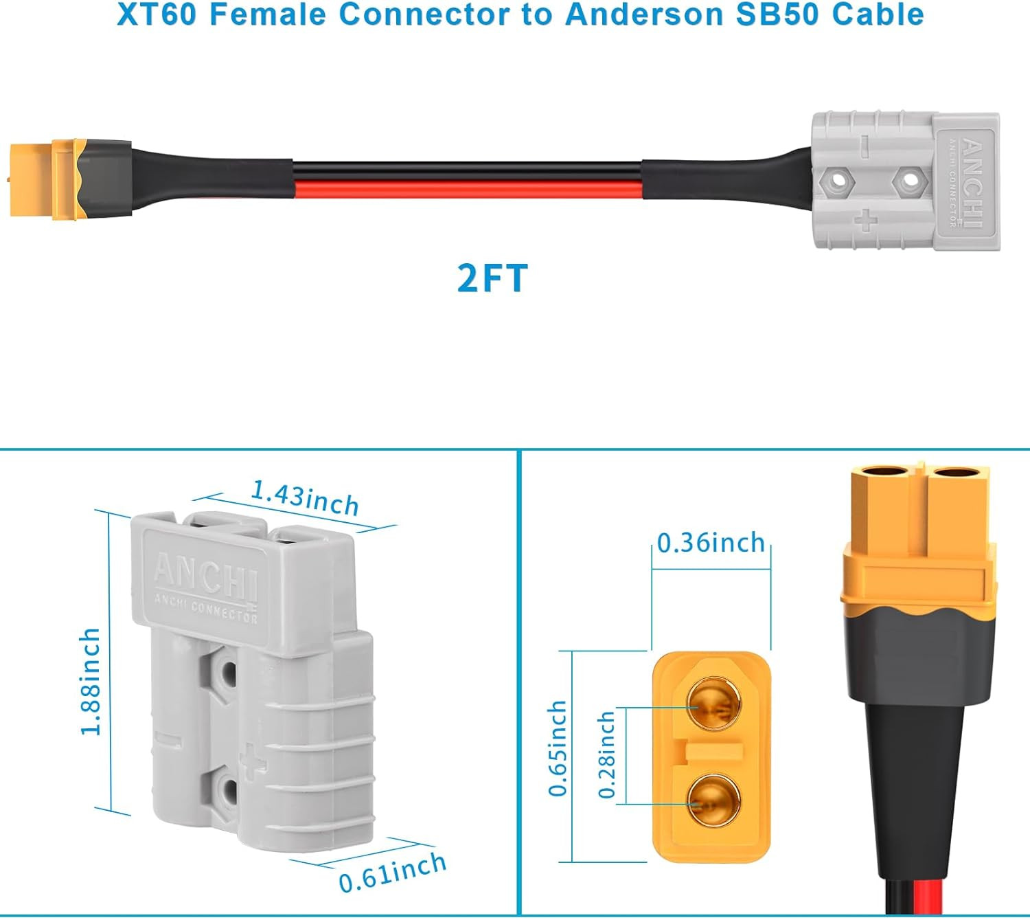 10AWG 2FT Anderson SB50 Battery Quick Connect/Disconnect to XT60 Female Cable SB