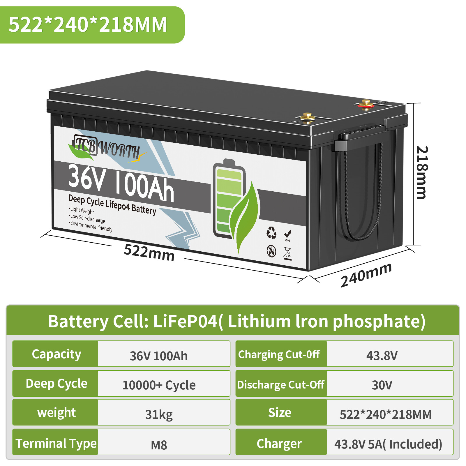 36V 100AH Golf Cart Lithium Battery 200A BMS Bluetooth APP 15000 Deep Cycle RV