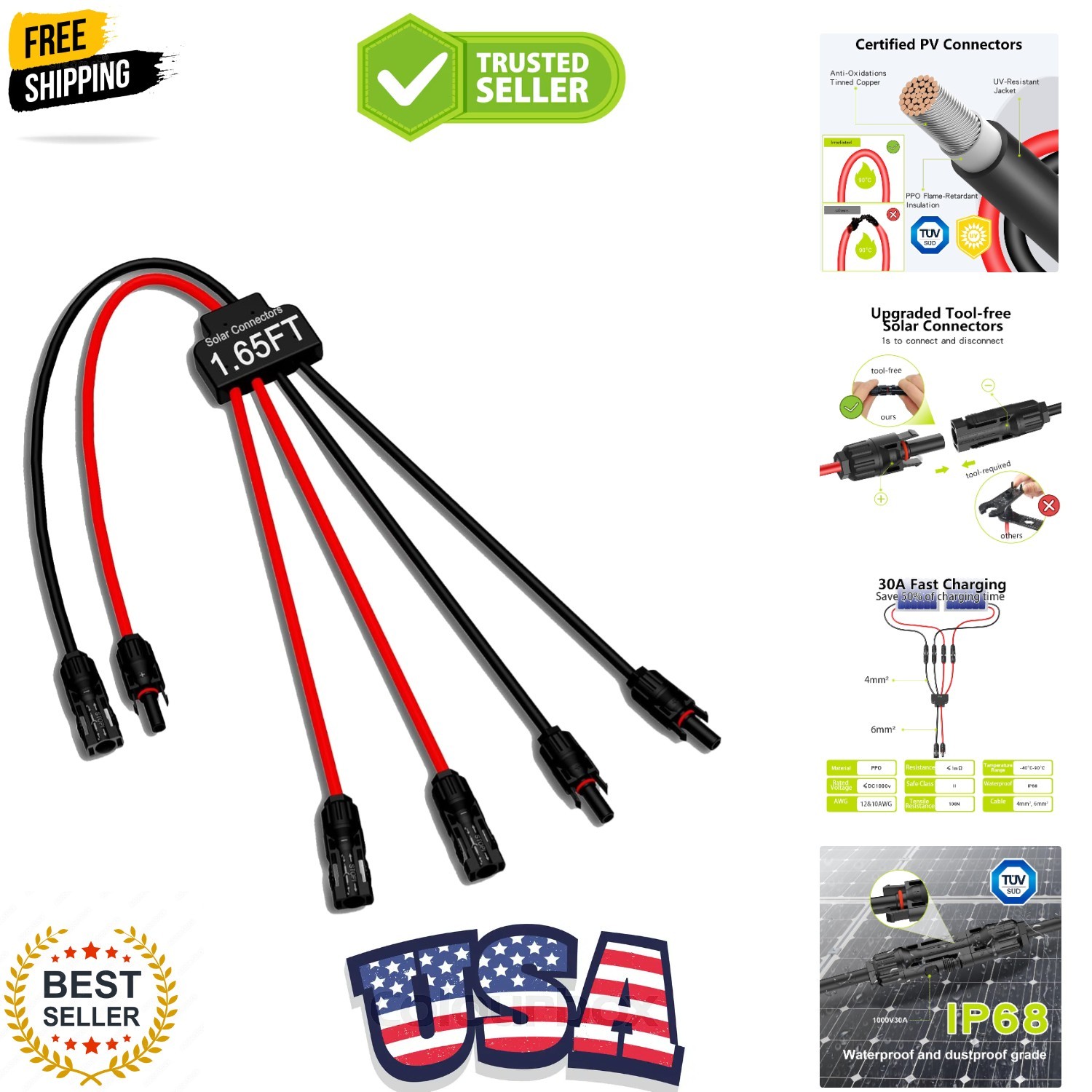 Solar Connectors for 2 Solar Panels,Tool-Free Solar Cable Splitter, Waterpro…