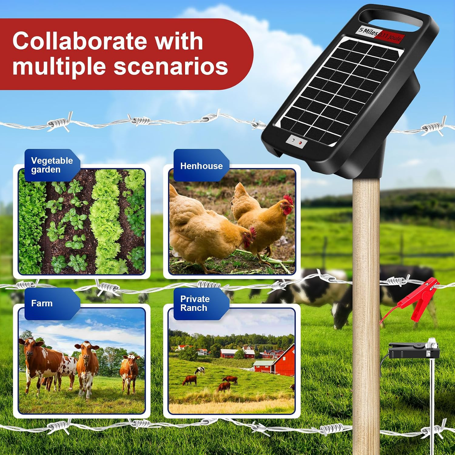 5 Miles Solar Powered Electric Fence Charger – 0.11J Output, 24/7 Day/Night Prot
