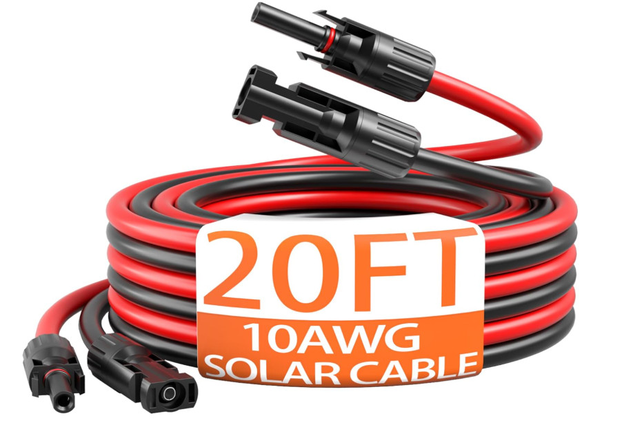 Cable solar 10AWG con conectores, 20FT rojo y negro, ideal para paneles solares.