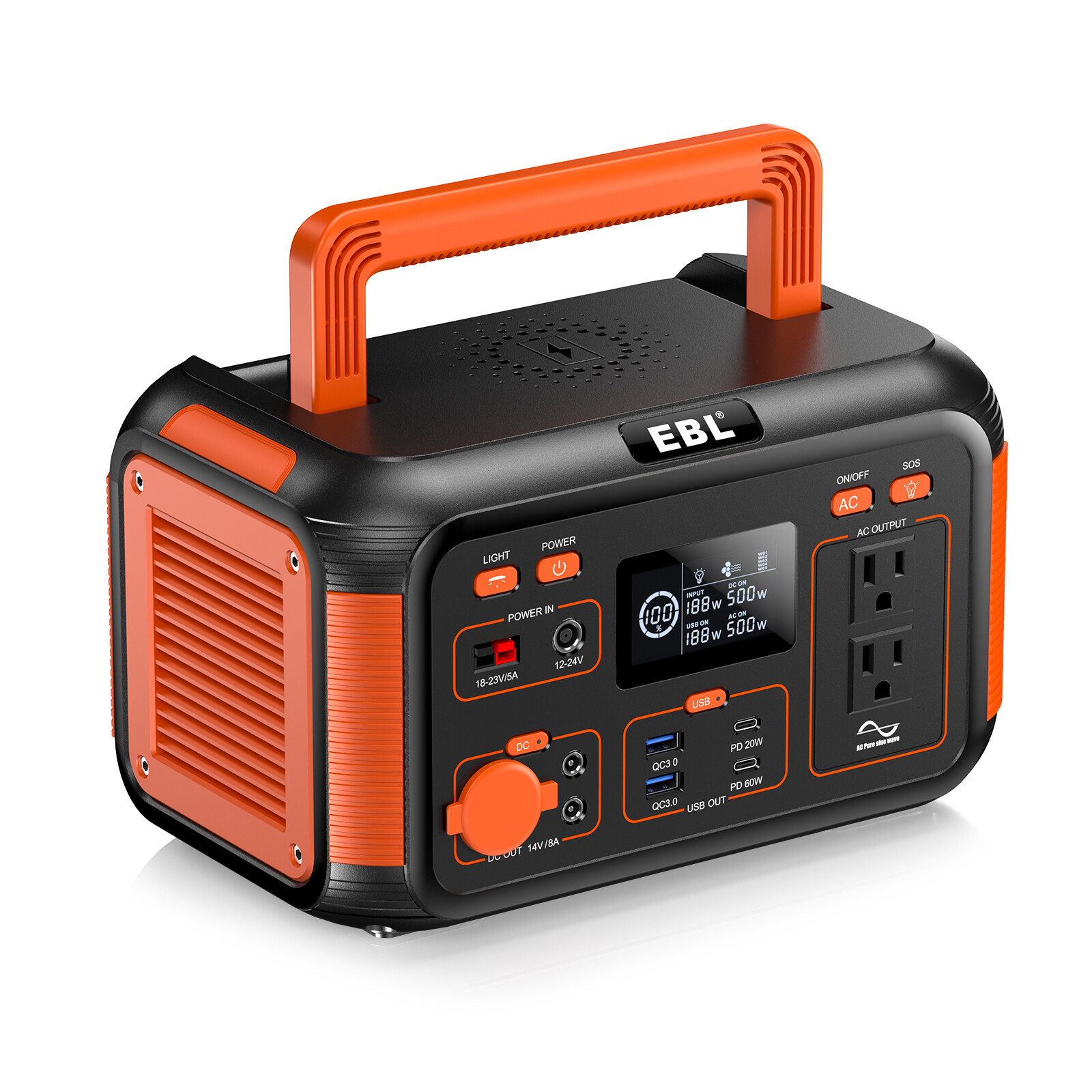 Portable Power Station 444Wh 500W AC USB Battery Charger Camping Solar Generator