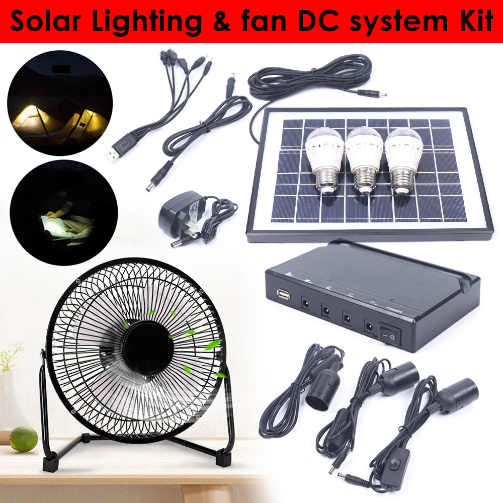 Solar Power Energy Lighting System Kit Set W/ 3 LED Lights, 1*Fan, 1 Solar Panel