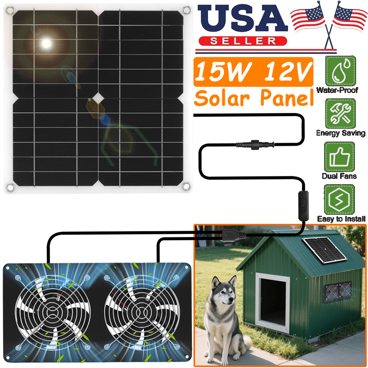 15W Solar Panel Kits with 2 Fans Waterproof for Chicken Coop Shed Greenhouse New