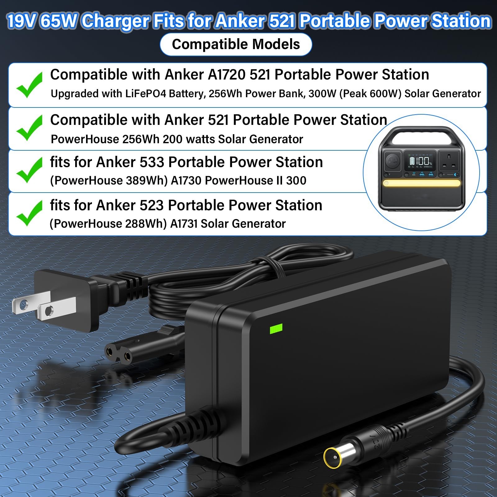65W Solar Generator Charger for Portable Power Station, AC Adapter for 300W 256W
