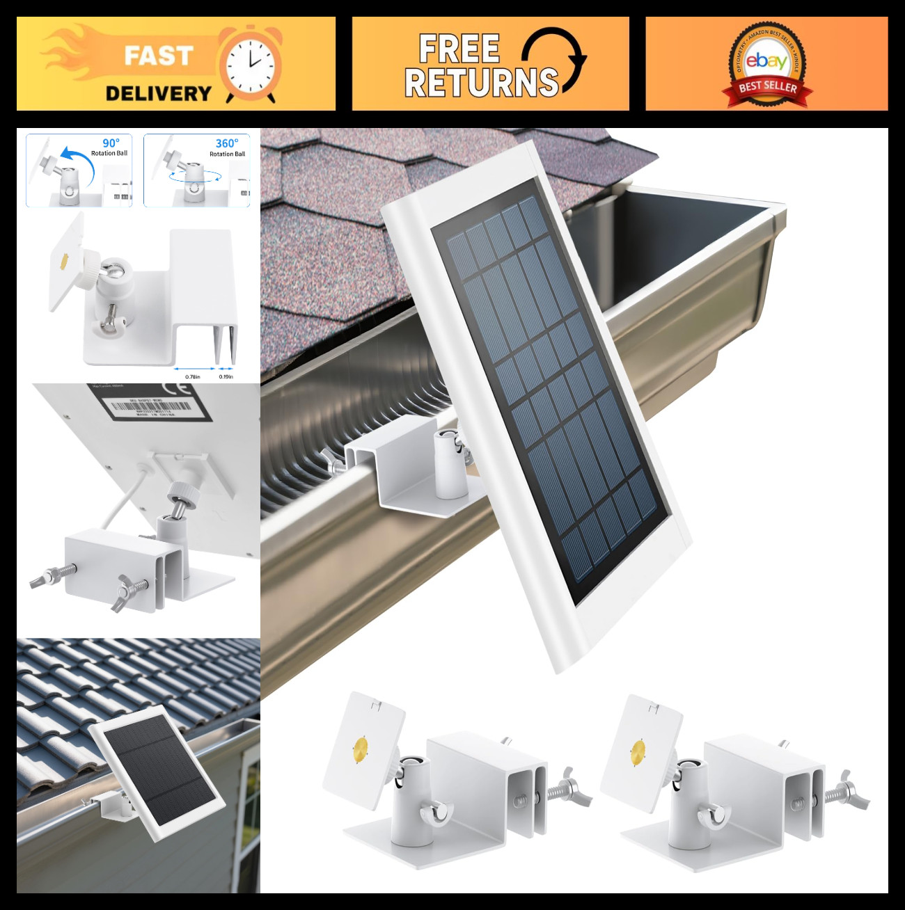 2-Pack Solar Panel Gutter Mount Bracket, No Drill Aluminum, 360° Rotation, Weath