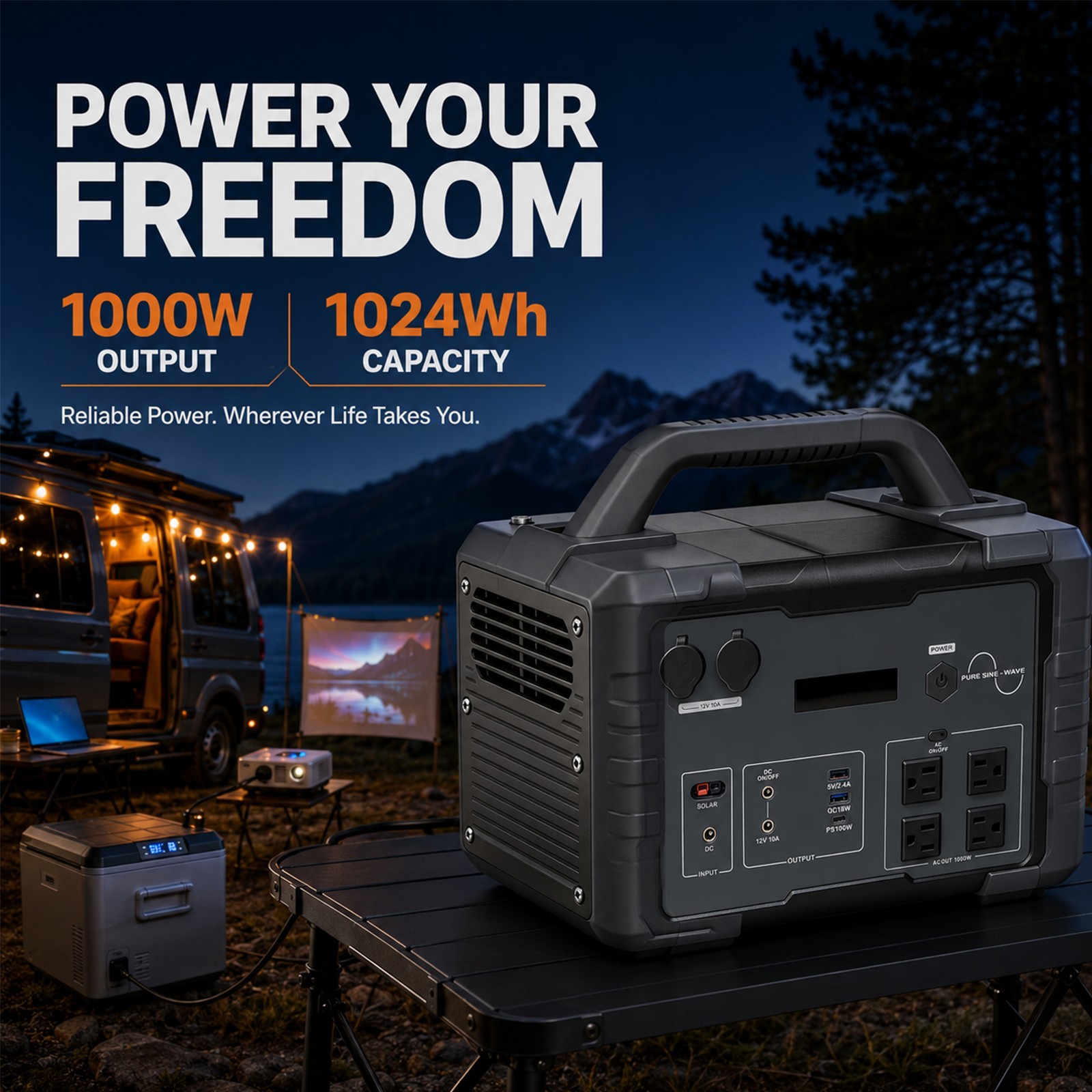 Black 1000W1024Wh LiFePO4 Portable Pure Sine Wave Power Station With Flashlight