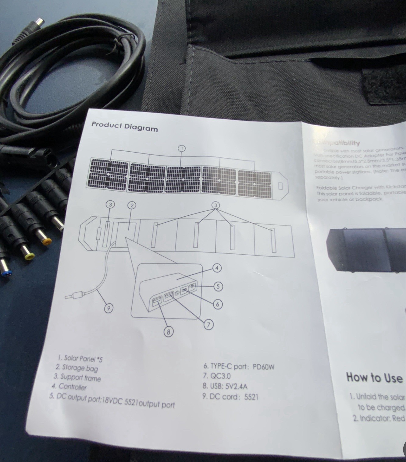 ALLWEI 100 Watt 18v/5.5a (Max) Foldable Portable Solar Panel W/Accessories New