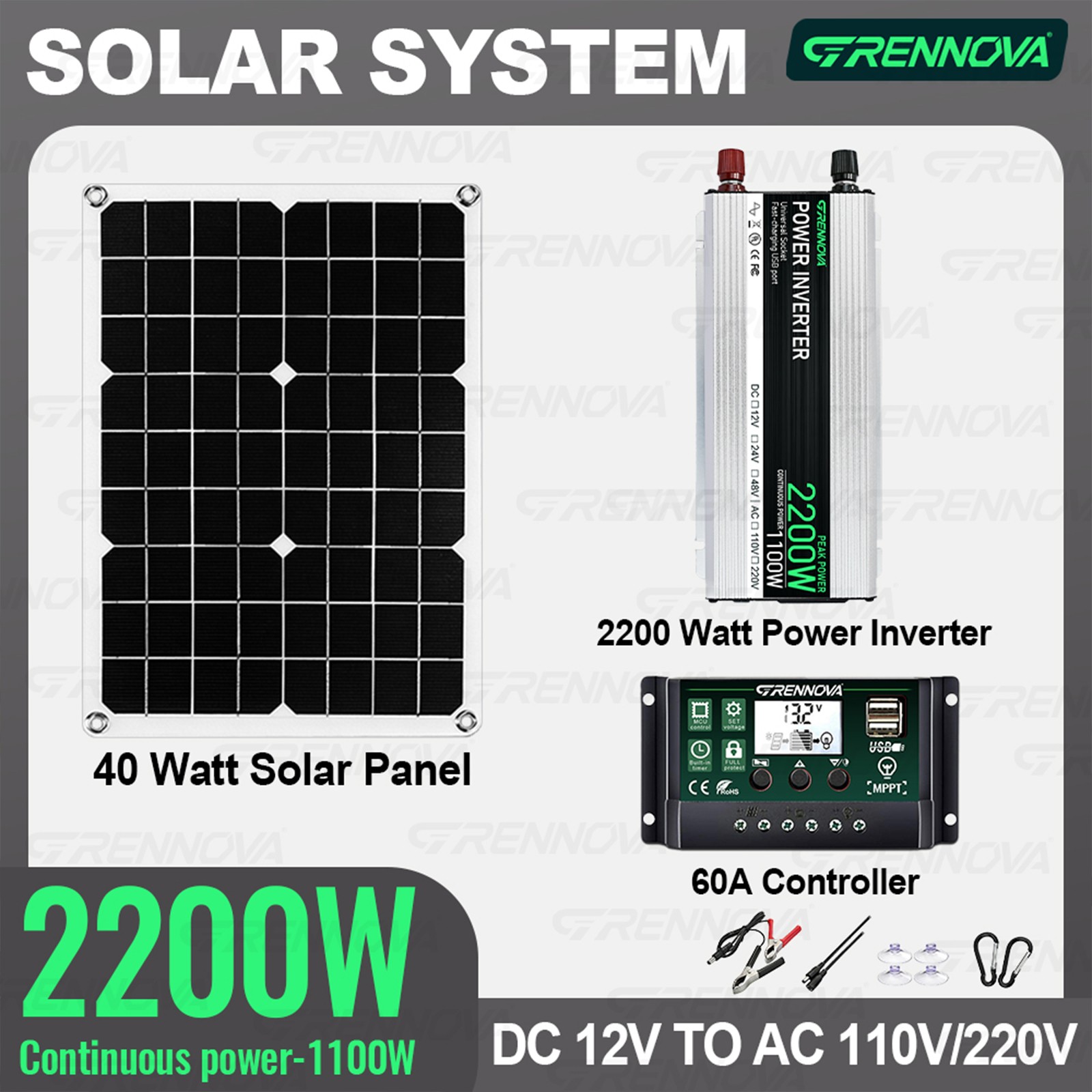Grennova 2200W Real Power Solar Kit 60A MPPT Dual Voltage Home Backup System