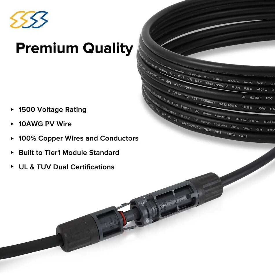 UL & TUV 1500V PV Extension Cable – 10AWG 10-30ft / Single Piece Wire