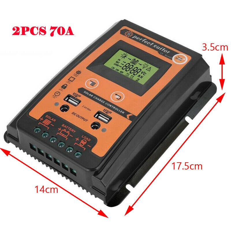70A Battery Panel 12/24V Regulator 2pcs Solar Charger Controller