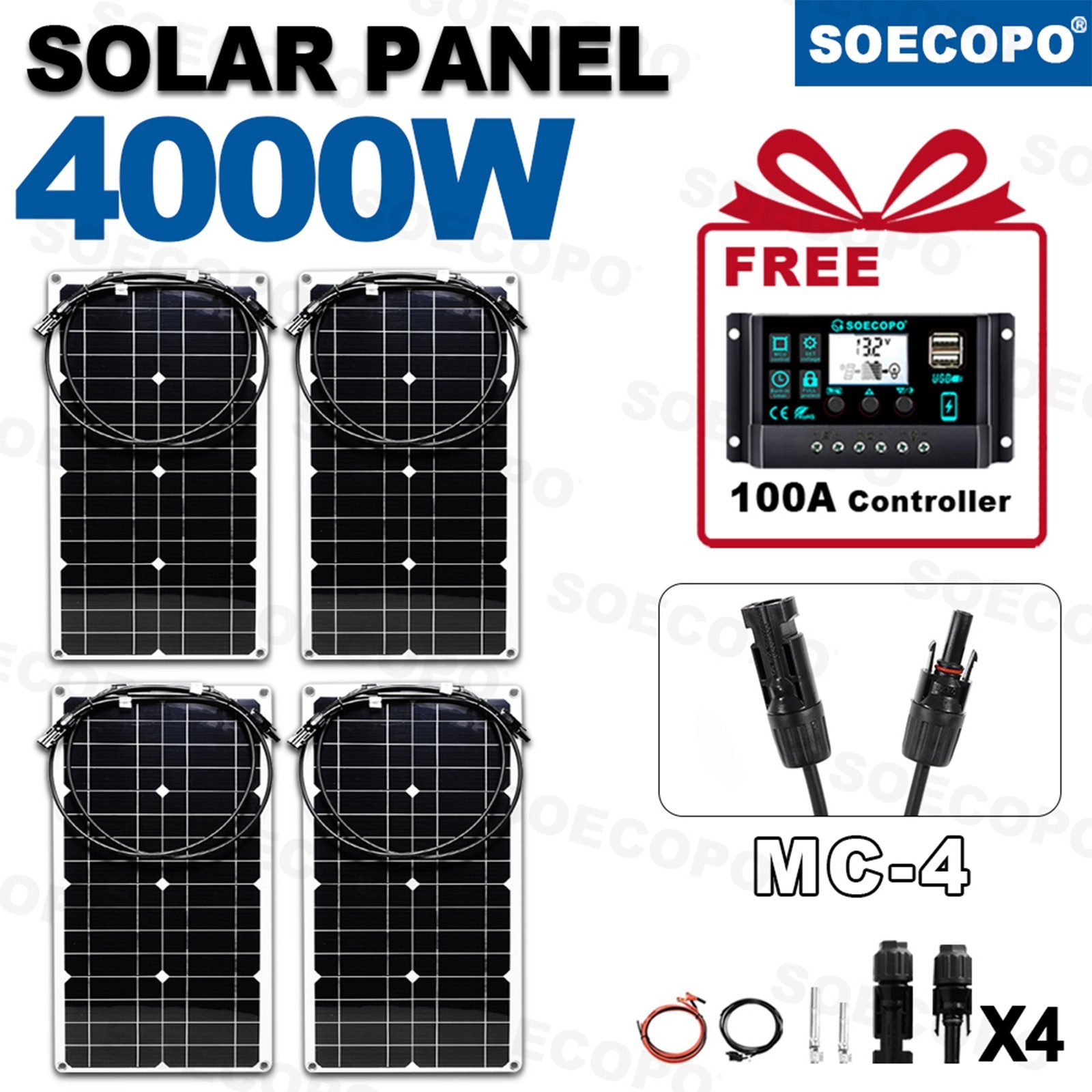 4 x 40W High-Efficiency PV Panels + 30A-100A Intelligent Controller for RV/HomE,