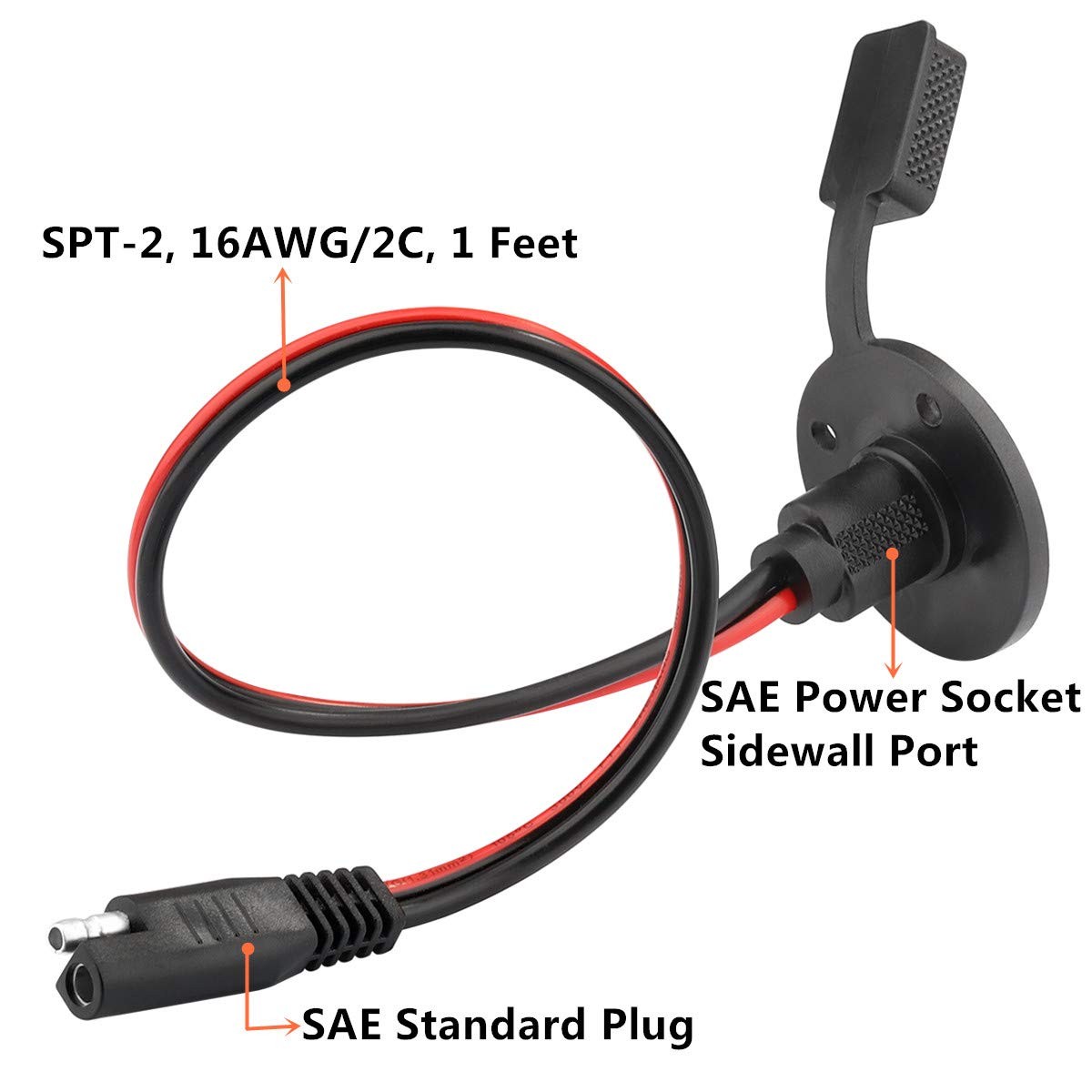 SAE Power Socket Sidewall Port Connector Extension 16AWG Cable, 2 Pin SAE To …