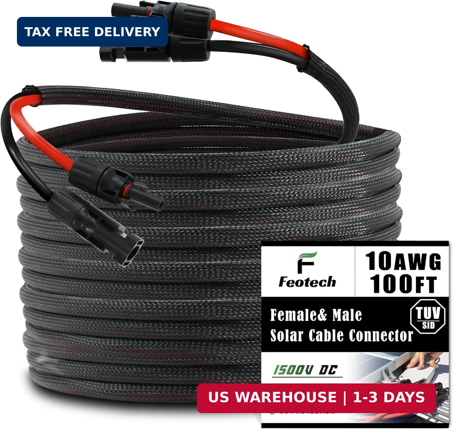 Twin Wire 100FT Solar Extension Cable – 10AWG(6mm²) Solar Panel Connector, with