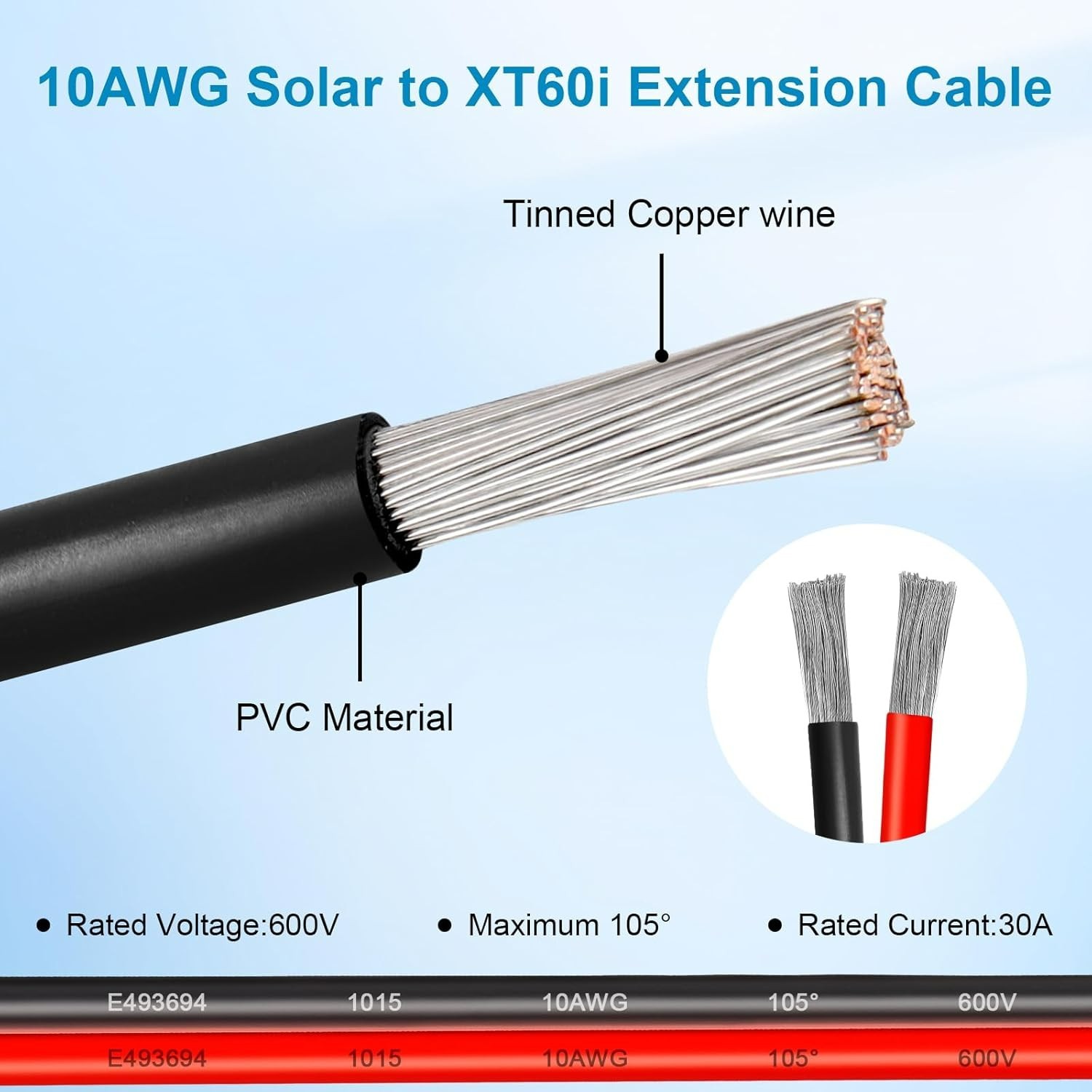 10AWG 15FT Solar to XT60i Extension Cable 3 6 10 35 50 75 100FT Heavy Duty