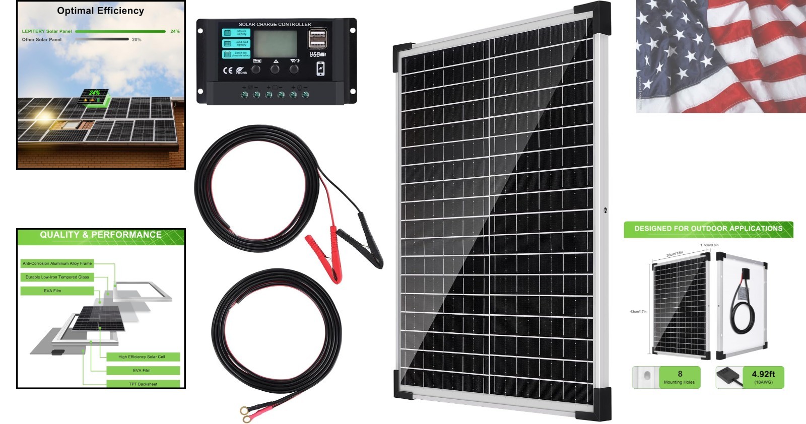 Solar Panel Kit 25W 12V Monocrystalline Battery Maintainer with10A Solar Char…
