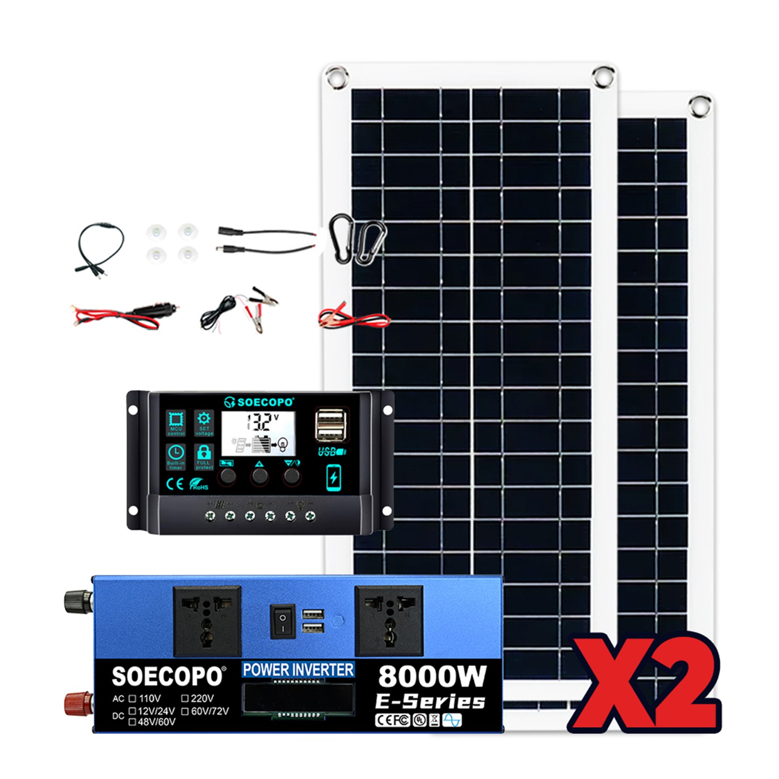 8000W Solar Power Kit Inverter, 2pcs 200W Solar Panels & 100A Controllerfu
