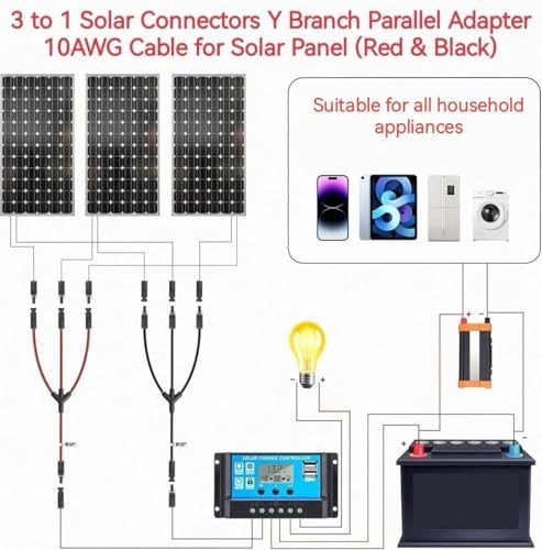 3-to-1 Solar Panel Y Branch Connectors, 1500V DC 30A, Universal 10AWG, 2 Pairs