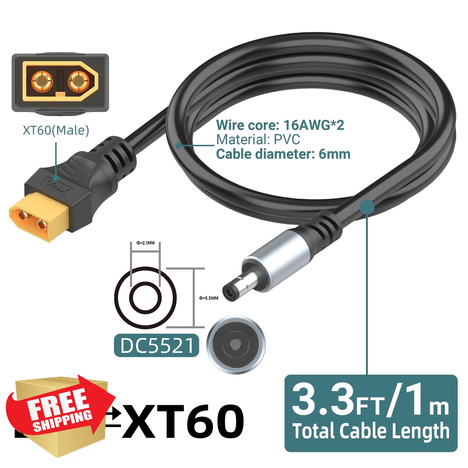 Magiclifee 3.3ft XT60 to DC5521 Cable