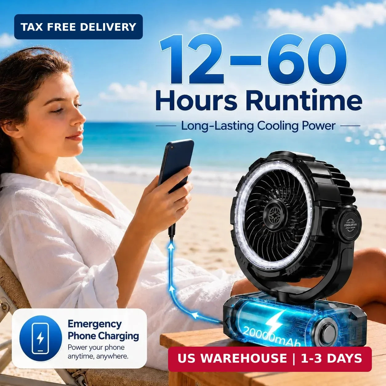 4-IN-1 Rechargeable Camping Fan & Oscillating[Max 60H]Portable Battery Powered O