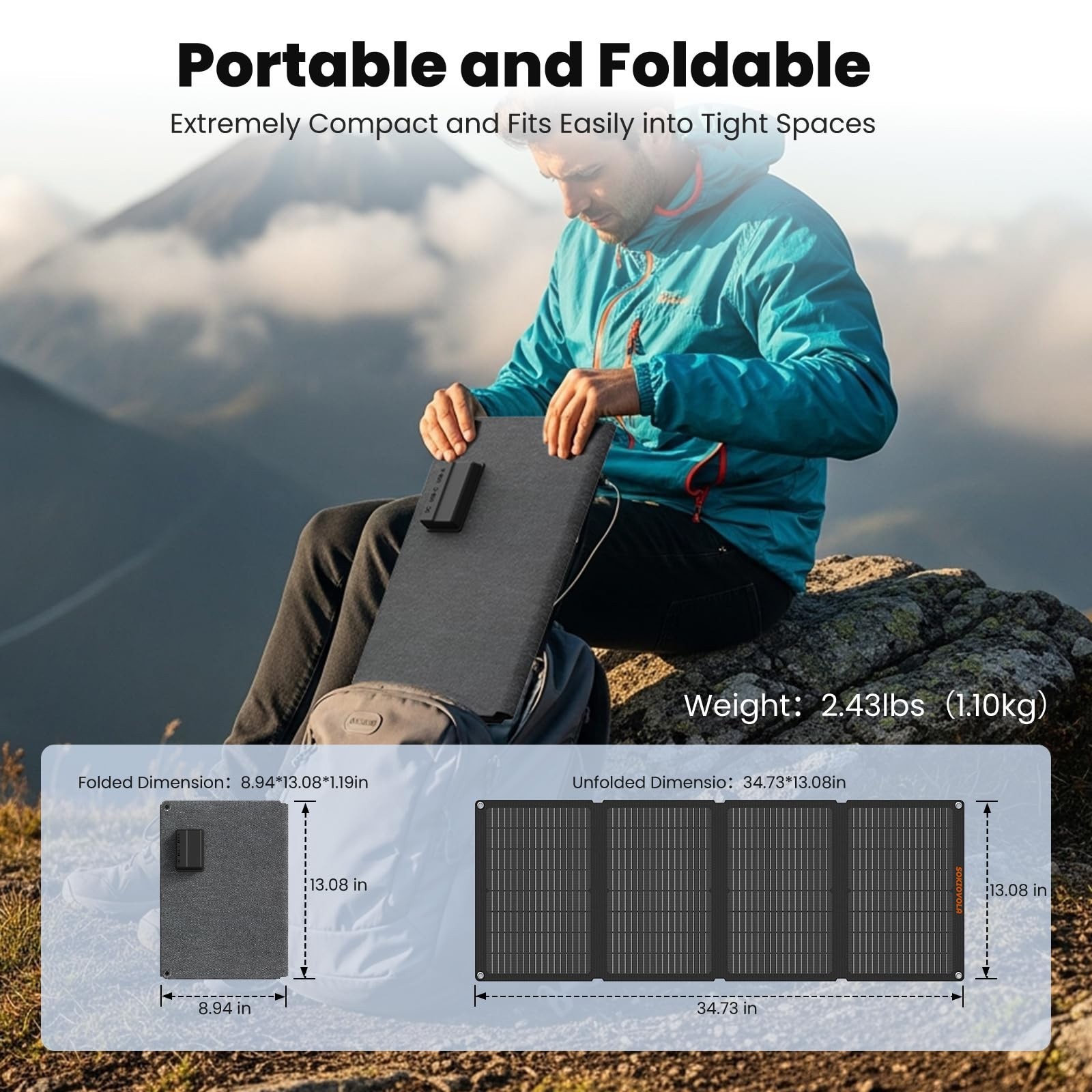 50W Foldable Solar Panel Charger, IP68 Waterproof, USB-A & USB-C, DC 18V for Cam