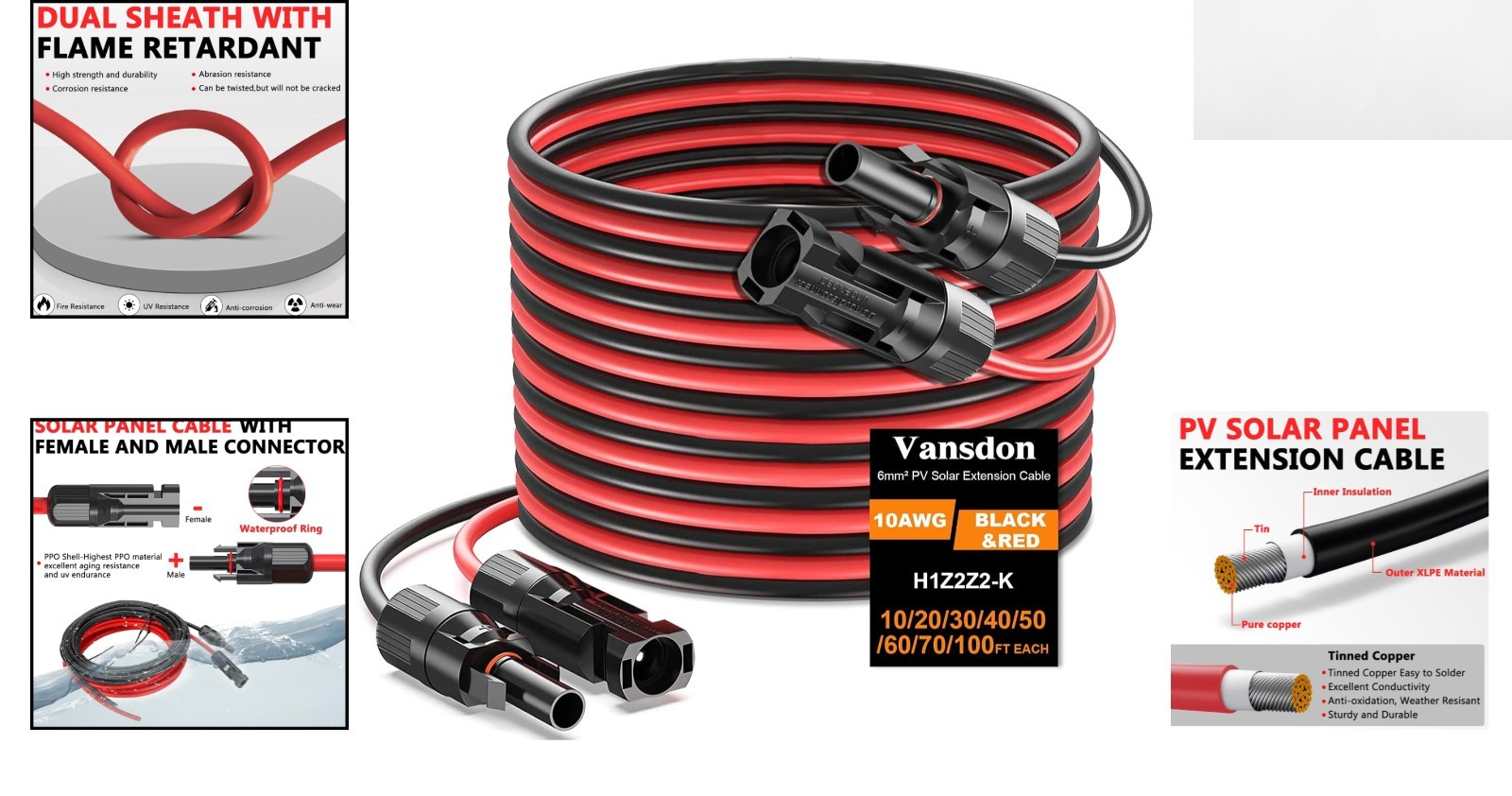 2 Pack 30FT 10AWG Solar Cable – Rated with Secure Male & Female Connectors