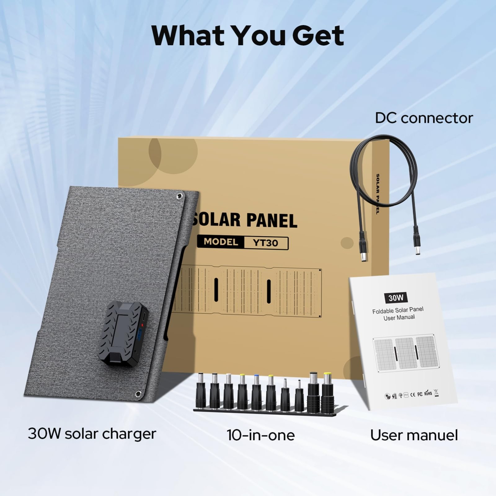 30W Foldable Solar Panel Charger – IP65 Waterproof, QC3.0 USB & DC Output, 10 Co