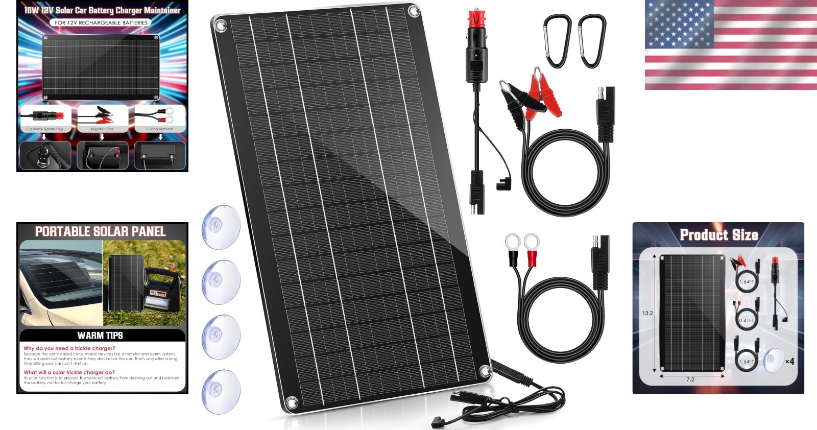 Durable 10W Solar Battery Maintainer with Alligator Clips & Lighter Plug