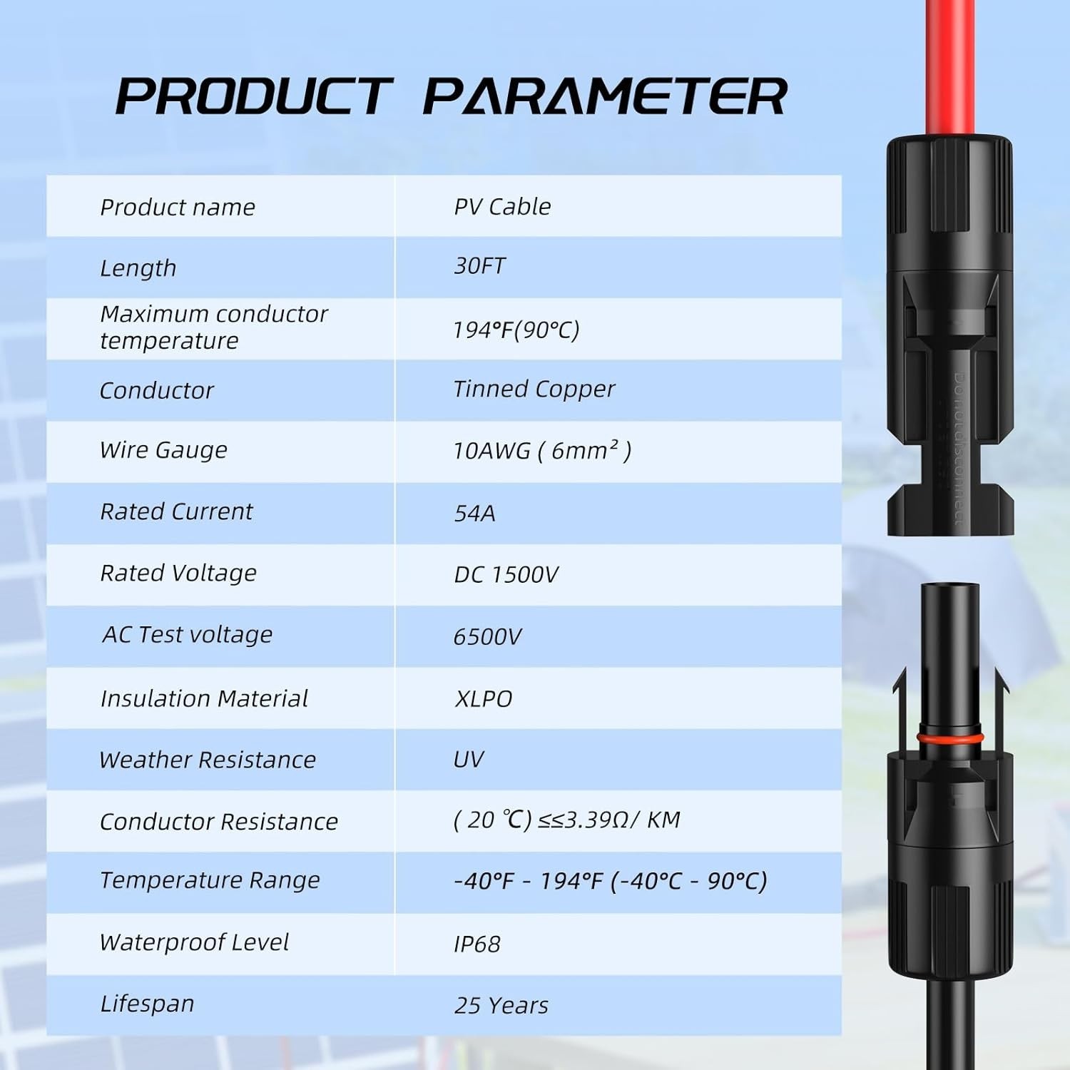 30FT 10AWG Solar Cable with Stable Lock Design
