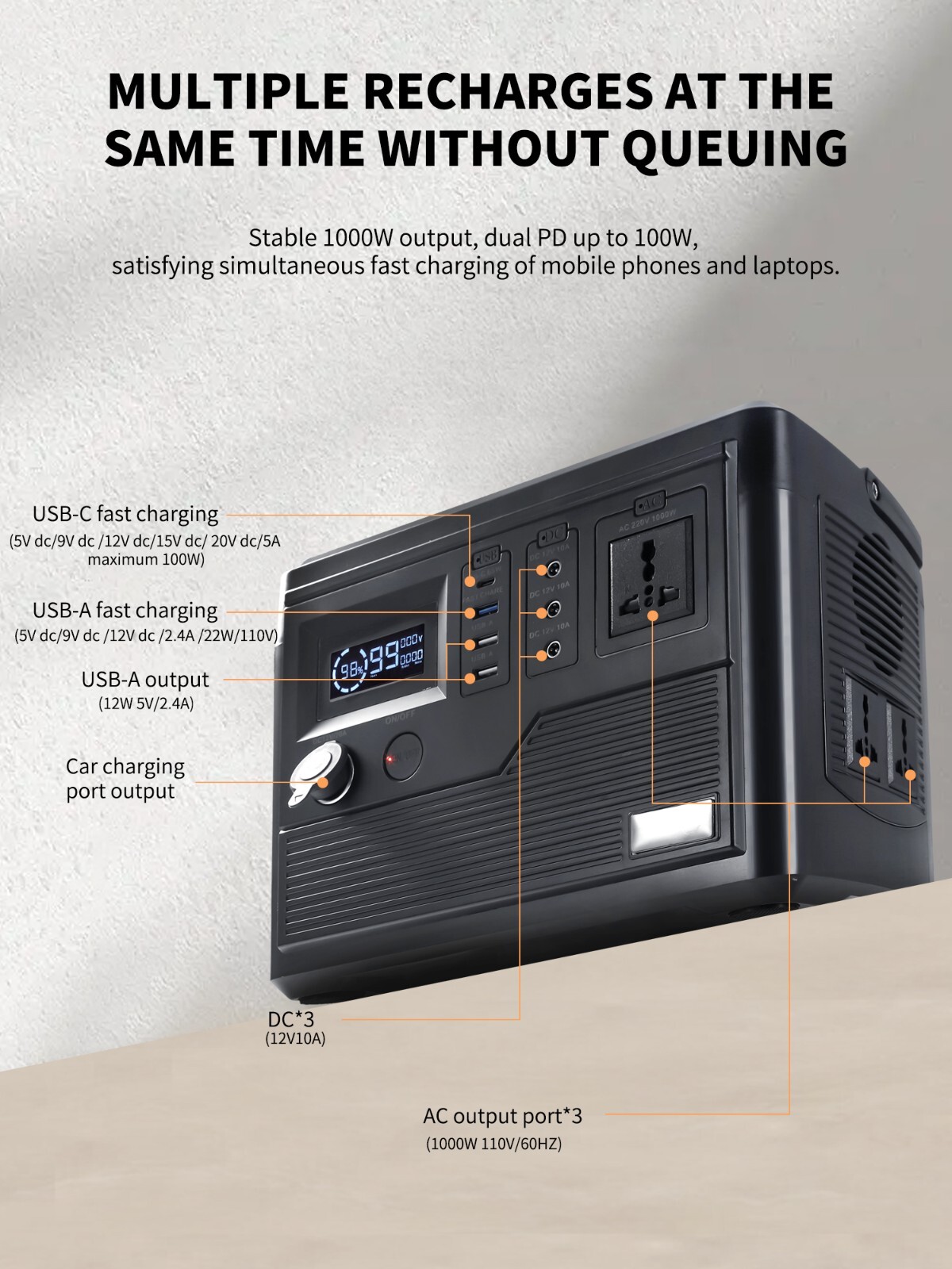 1000W Power Station – 1000Wh, 220V AC Outlet, Camping/RV, Emergency Use