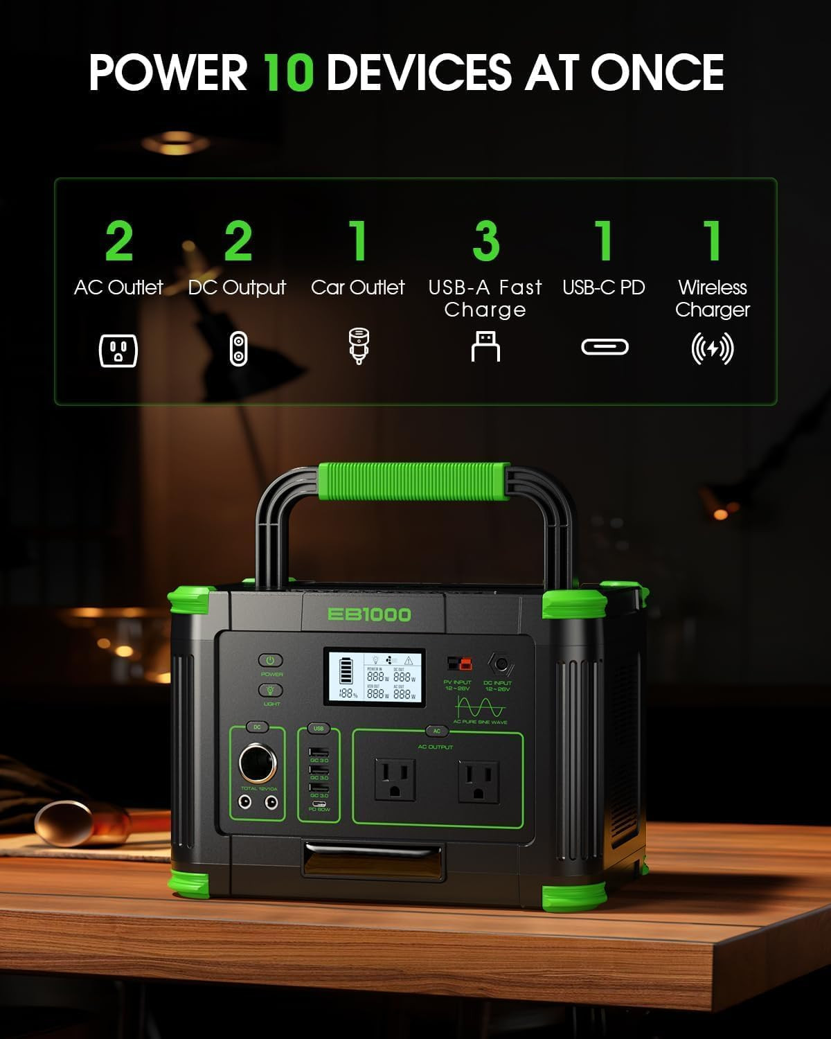 1000W Portable Power Station 999Wh, 110V Pure Sine Wave AC Outlet (2000W Peak),