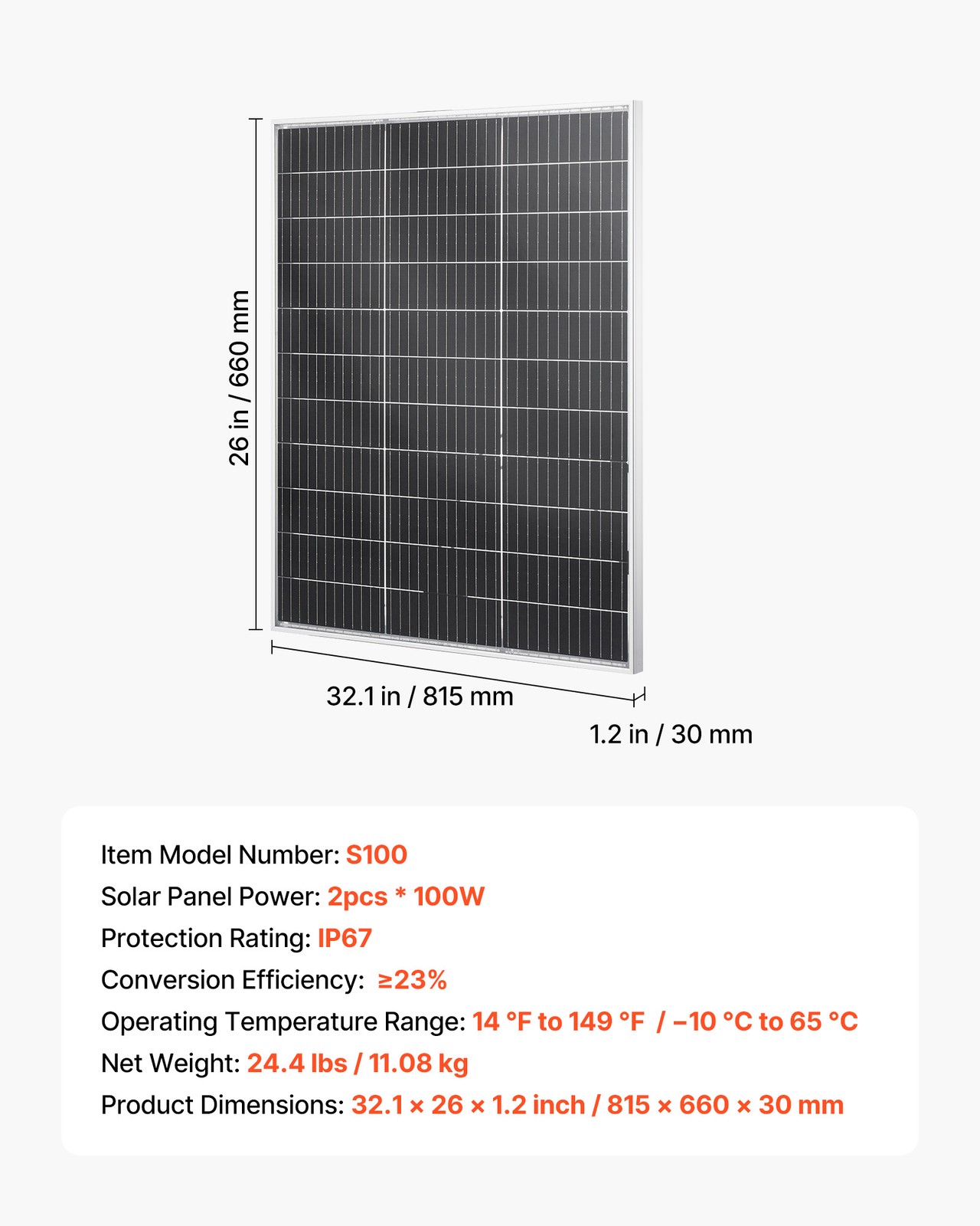 VEVOR 2PCS 100W Bifacial Solar Panels 23% Efficiency Monocrystalline PV Module