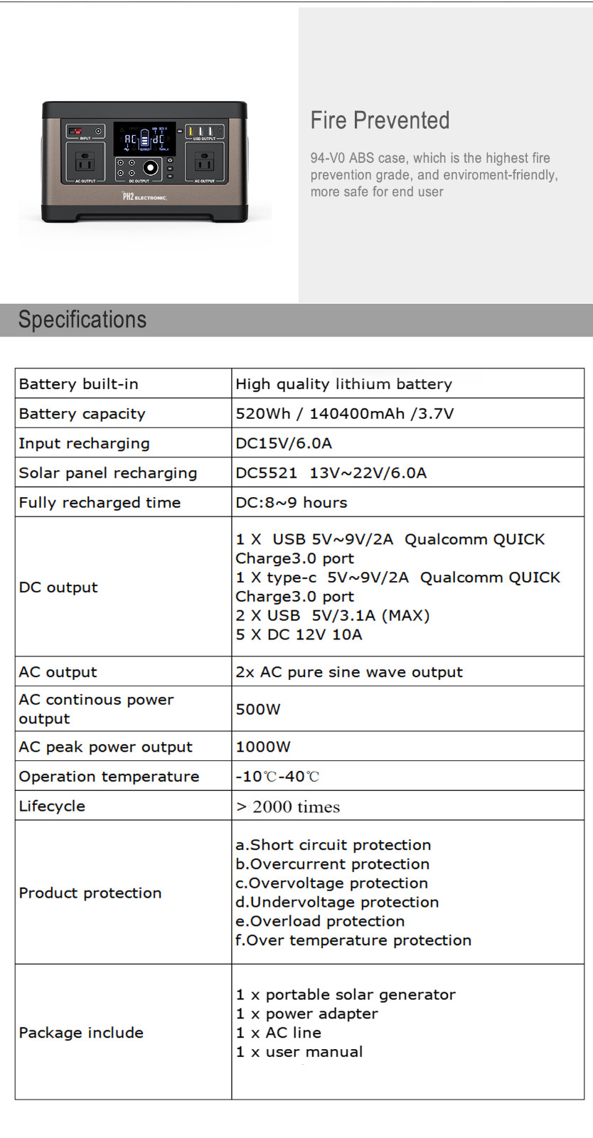 PA5 500W 140400mAh /3.7V/520Wh lithium ion battery Portable Solar Power Station