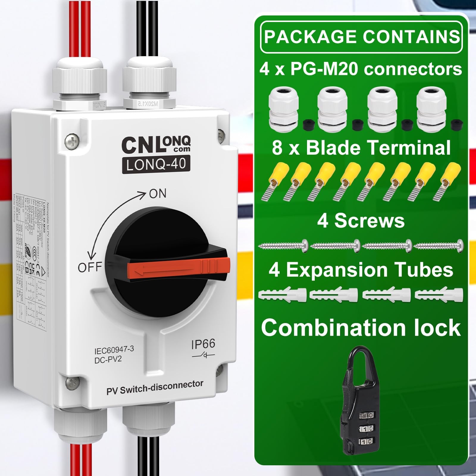 CNLONQ Solar PV Disconnect Switch 32A DC1500V Rapid Shutoff Isolator Switch 4…