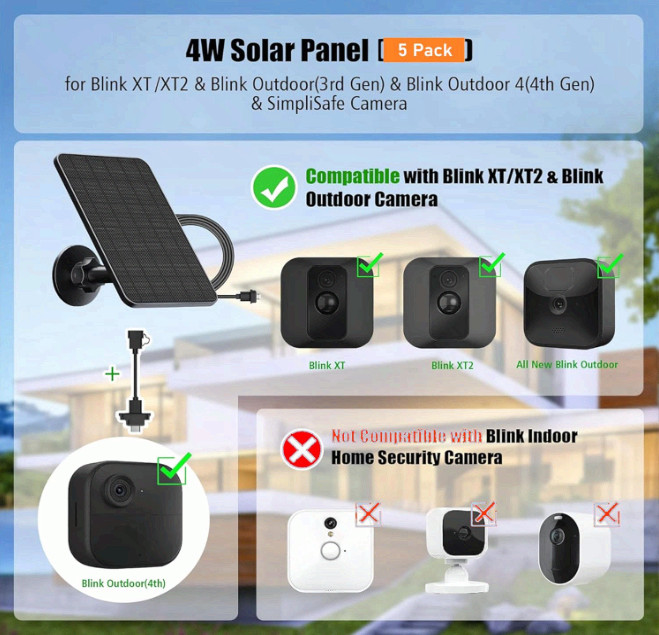 5-Pack Solar Panel for Blink Outdoor 2K+/4/3, XT3 XT2 XT Cam, 13.1ft Cable