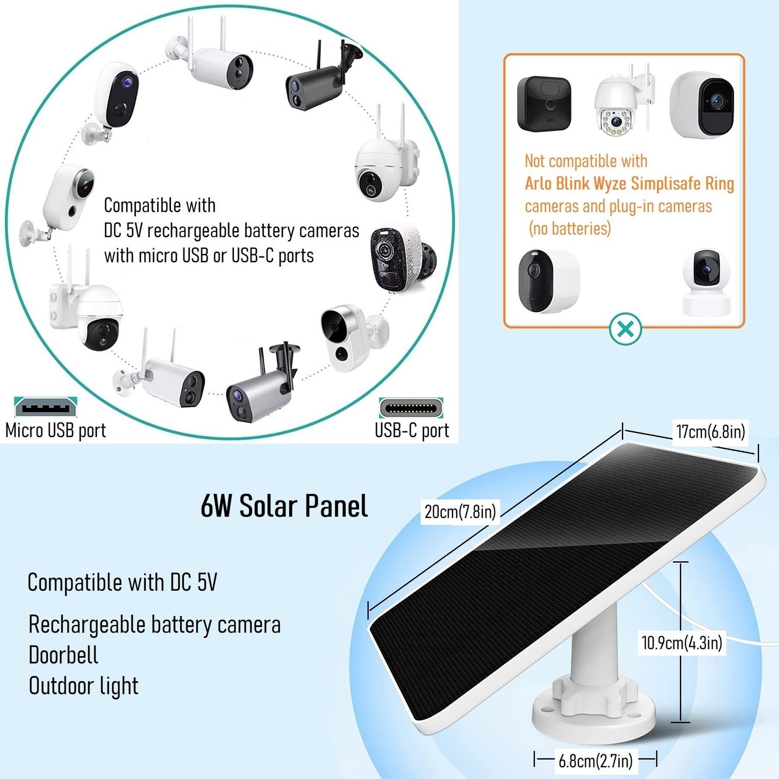 Solar Panel for Security Camera, 6W Solar Panel Micro USB & USB-C for Outdoor…