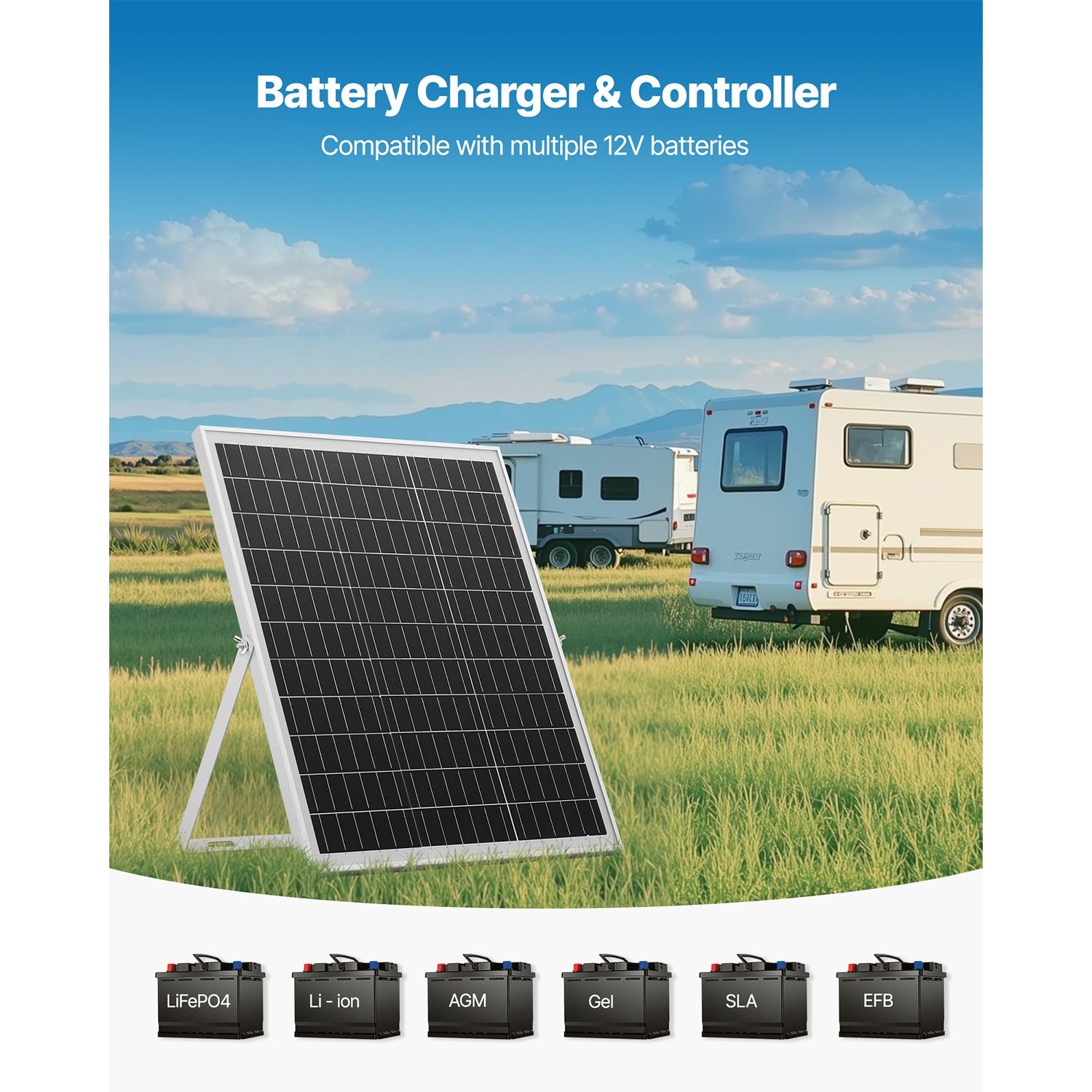 25W 12V Solar Panel Battery Charger with MPPT Controller, IP67 Waterproof for