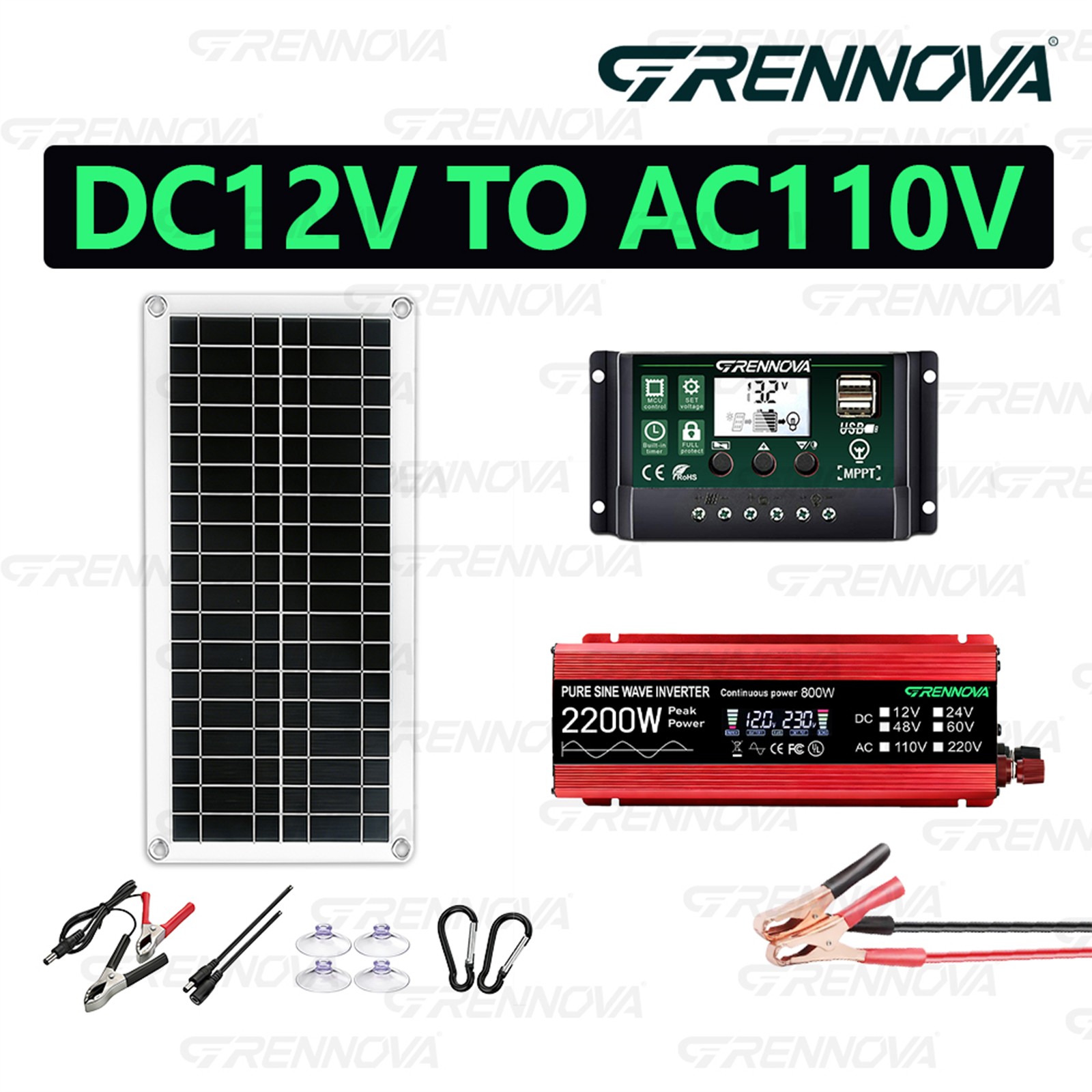 Grennova 2200W Pure Sine Off-Grid Solar Kit Dual Voltage DIY Home Backup Power