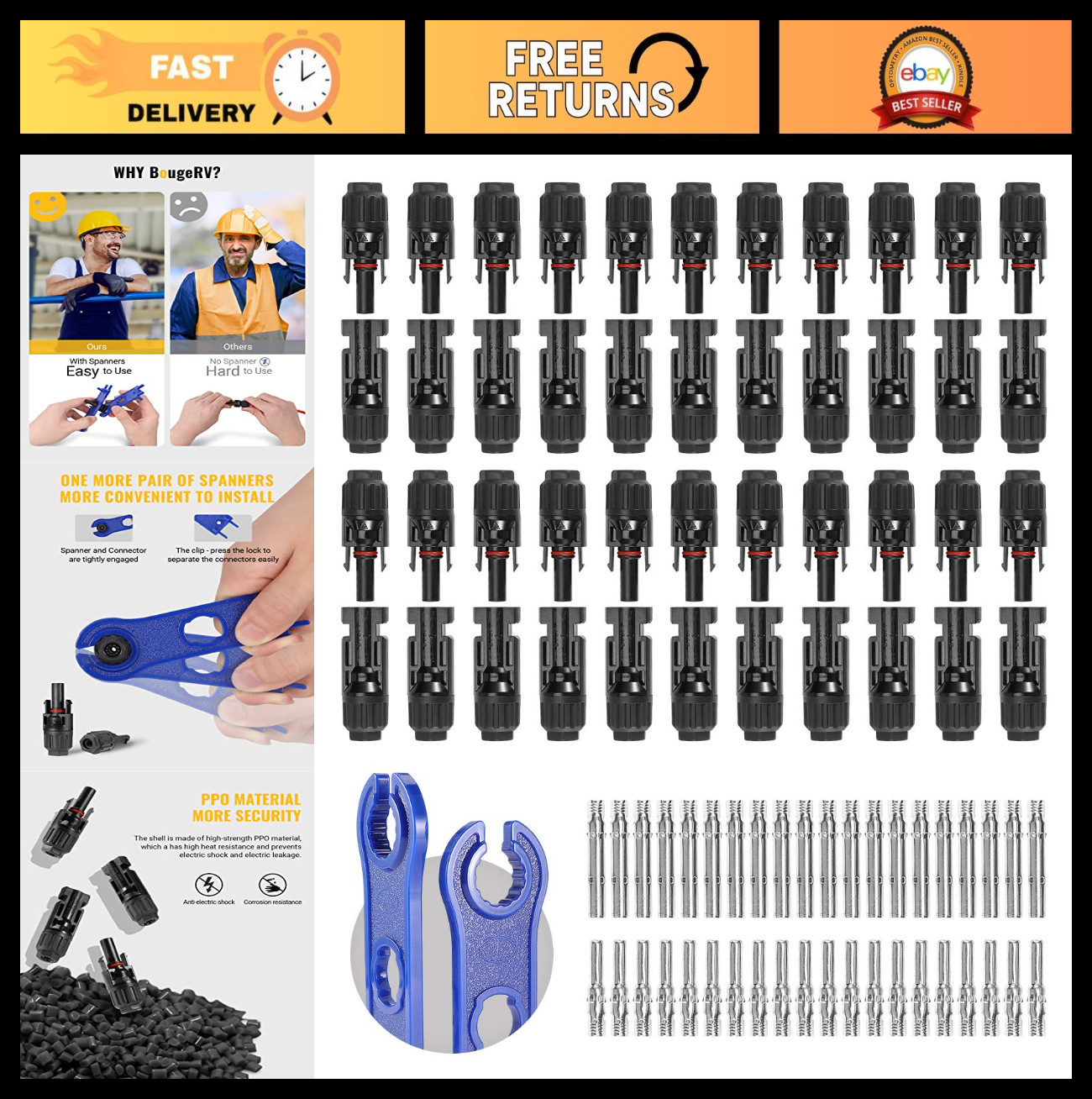 44PCS Waterproof Solar Panel Connectors Set – Male/Female 10AWG Cable, IP67 Rate