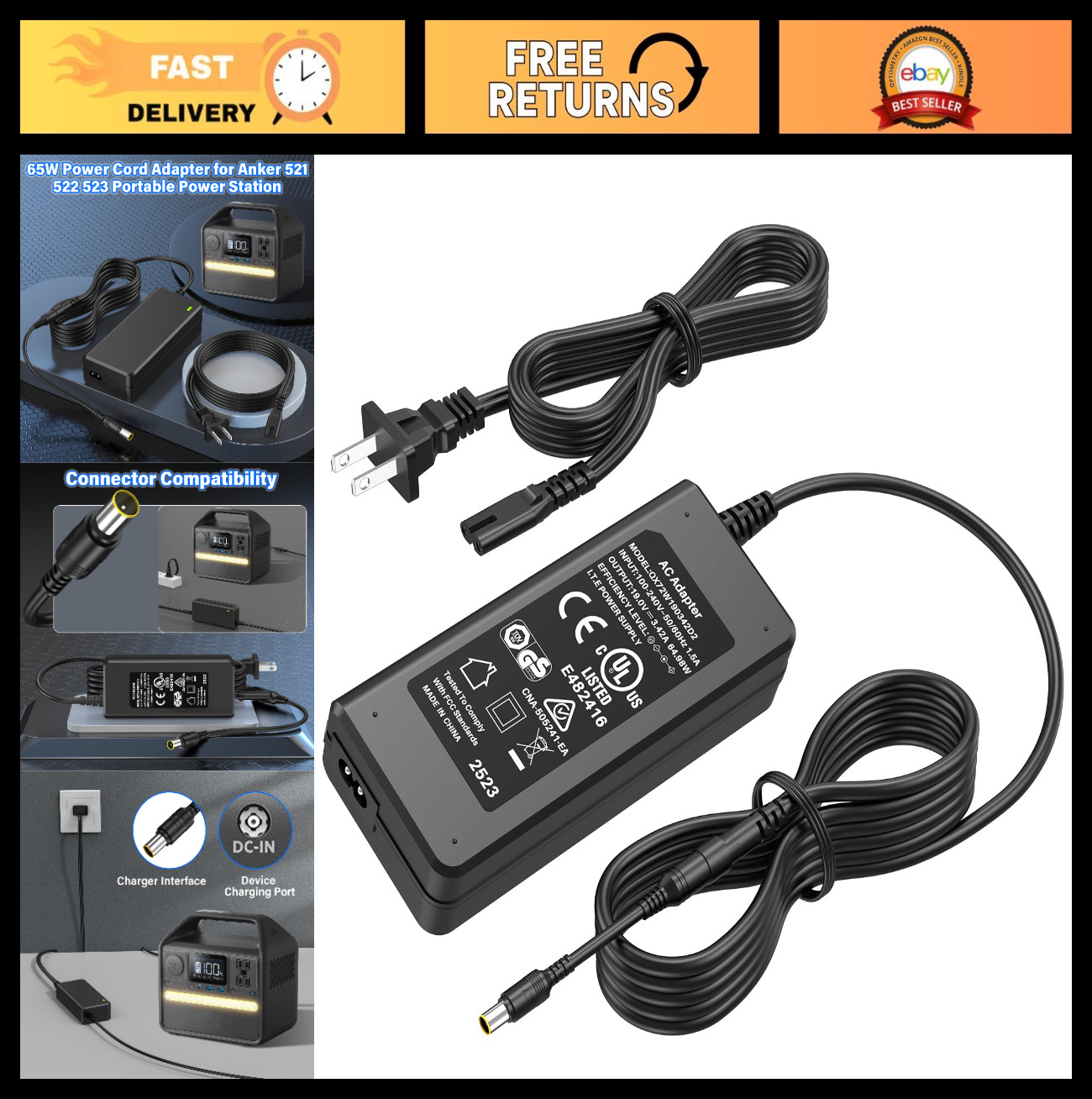 65W Solar Generator Charger for Portable Power Station, AC Adapter for 300W 256W