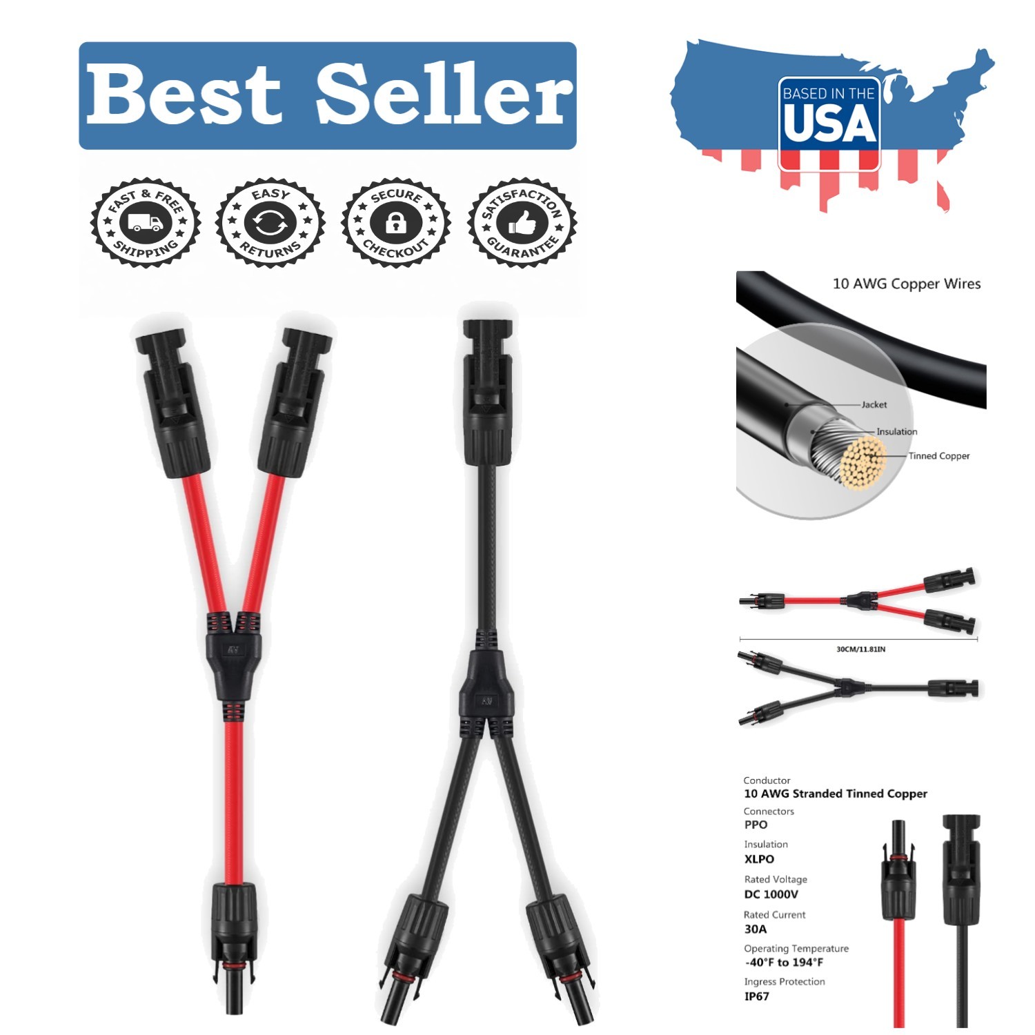 Color-Coded Y-Branch Solar Panel Connector – Tool-Free Installation, 12 Inch
