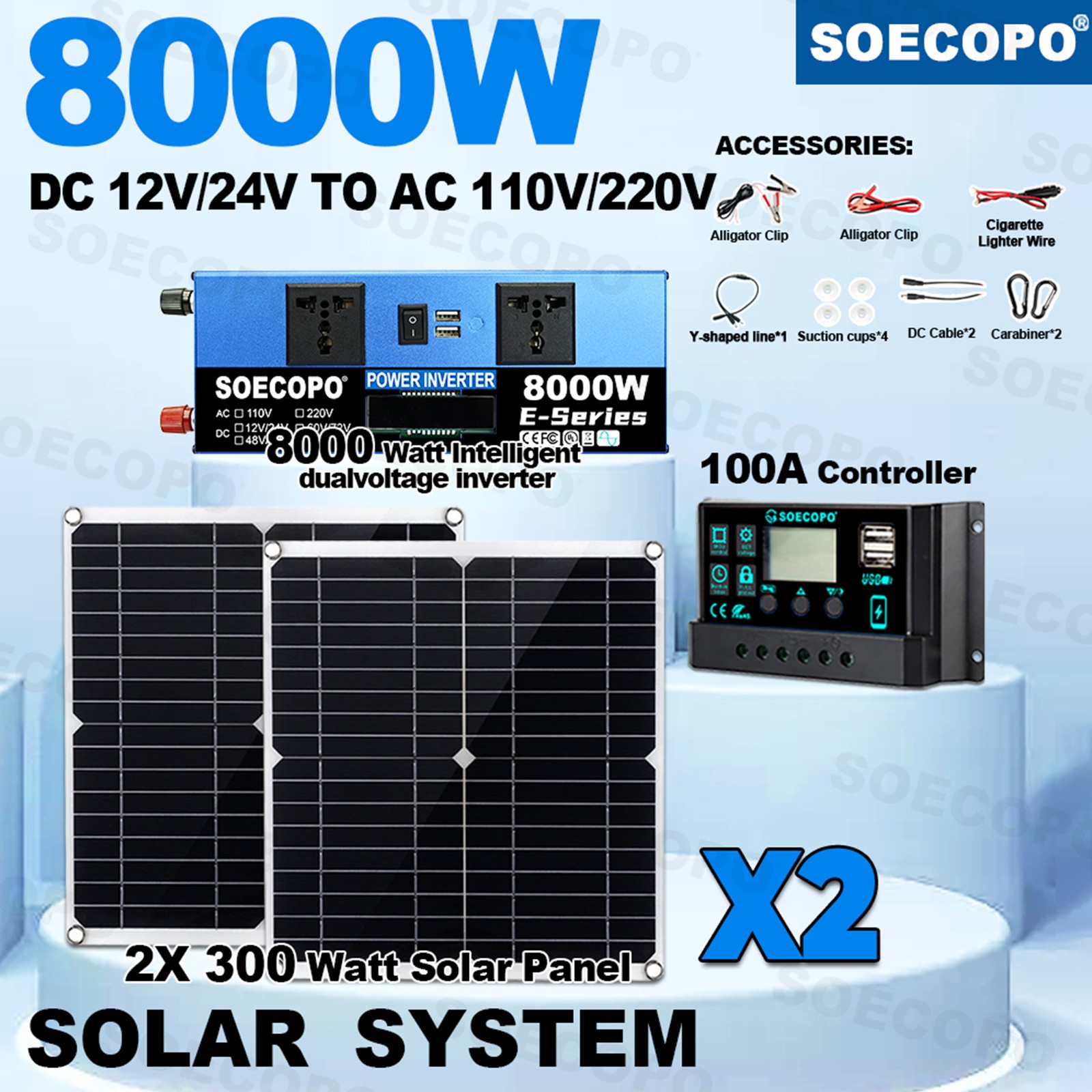 8000W Solar Inverter Kit (12V24V DC to 110V/220V AC) + 2pcs Solar Panels