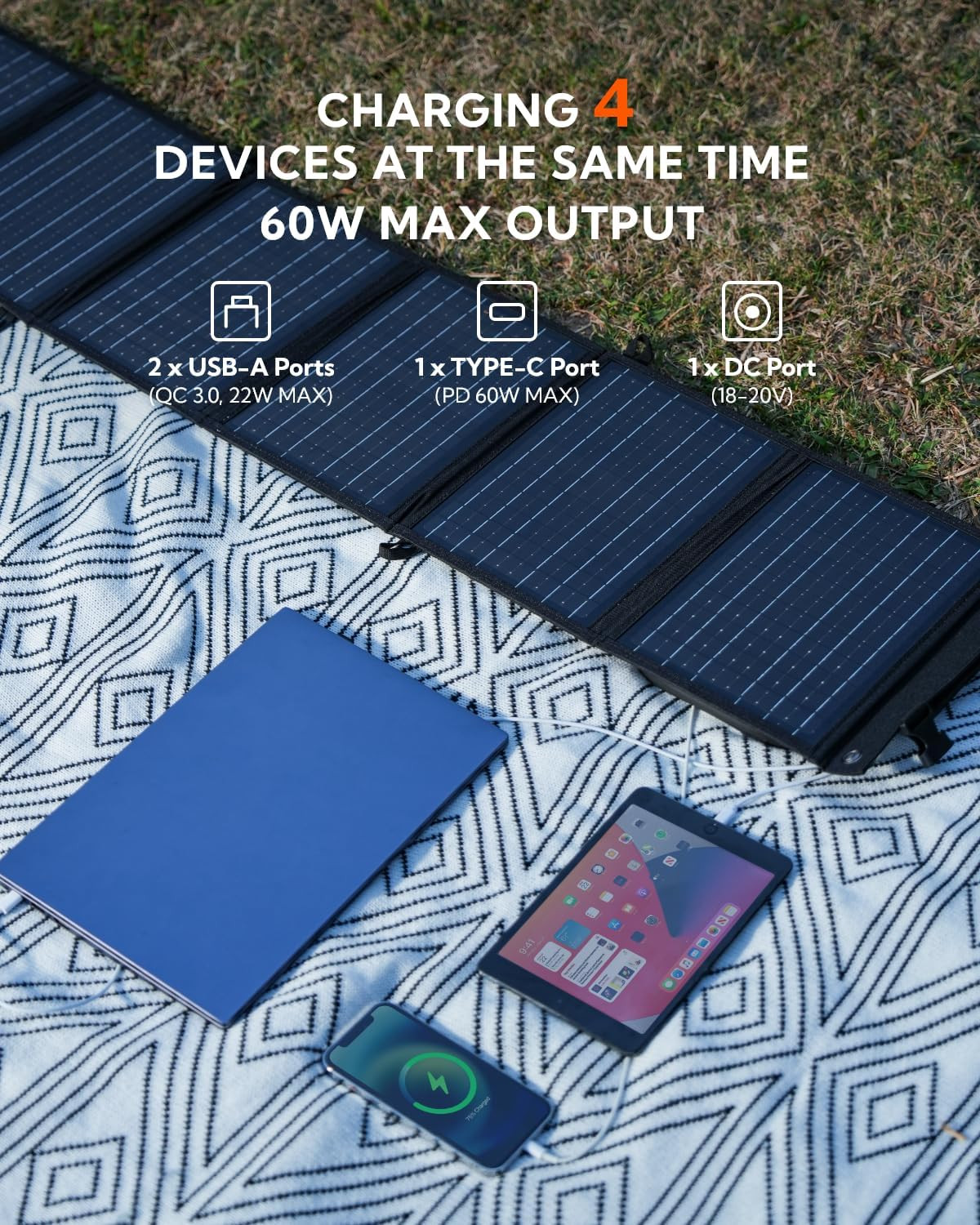 Portable Solar Panel, 60W Foldable Solar Panels Folding Solar Charger with PD60