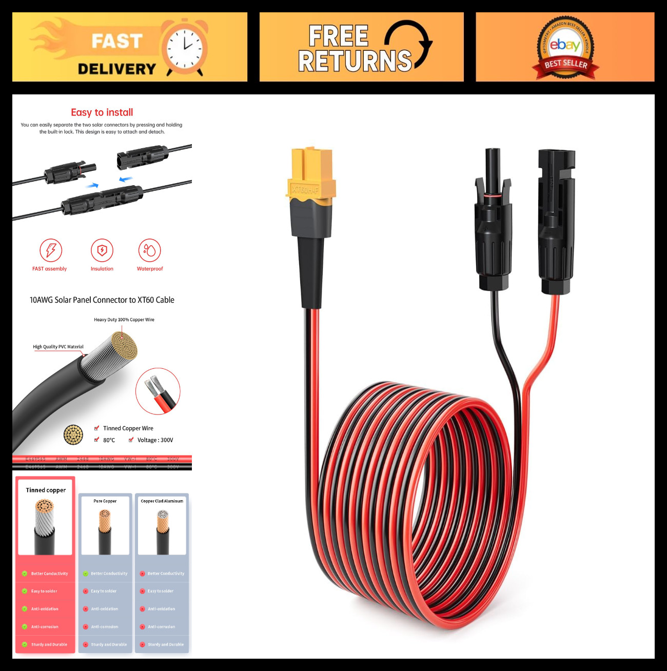 10AWG 75FT XT60 Solar Extension Cable for Solar Panels & Power Stations