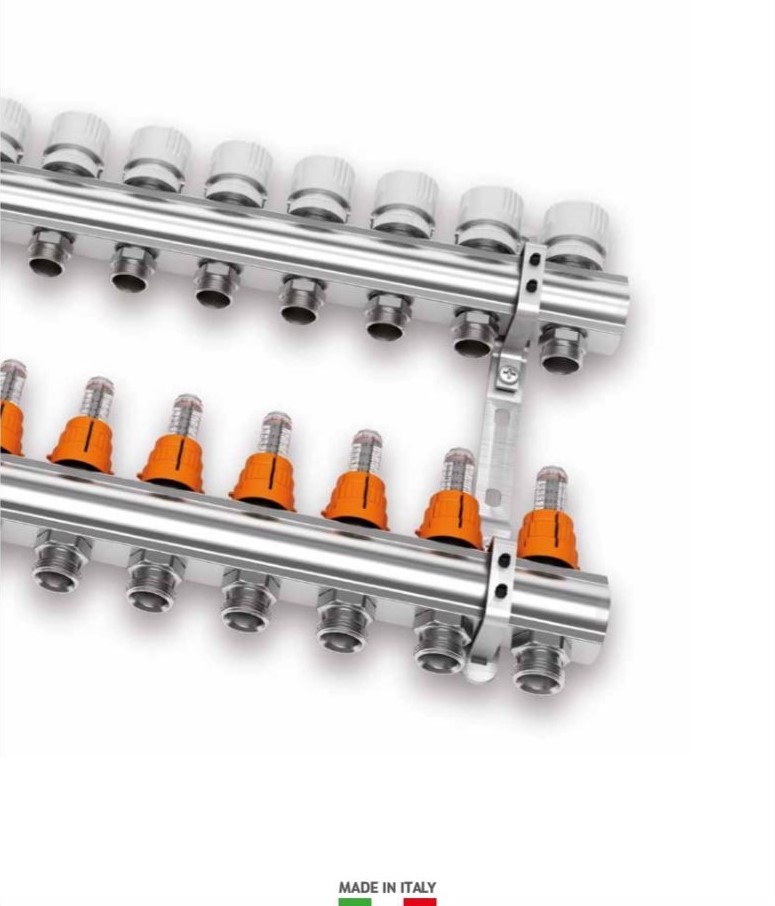 1″ IVAR Stainless Steel Hydronic Manifold for Radiant Floor Heating – 9 ports