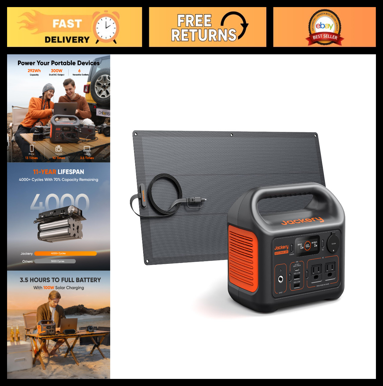 Portable Solar Generator 300W, 292Wh LiFePO4 Battery & 100W Solar Panel for RV,