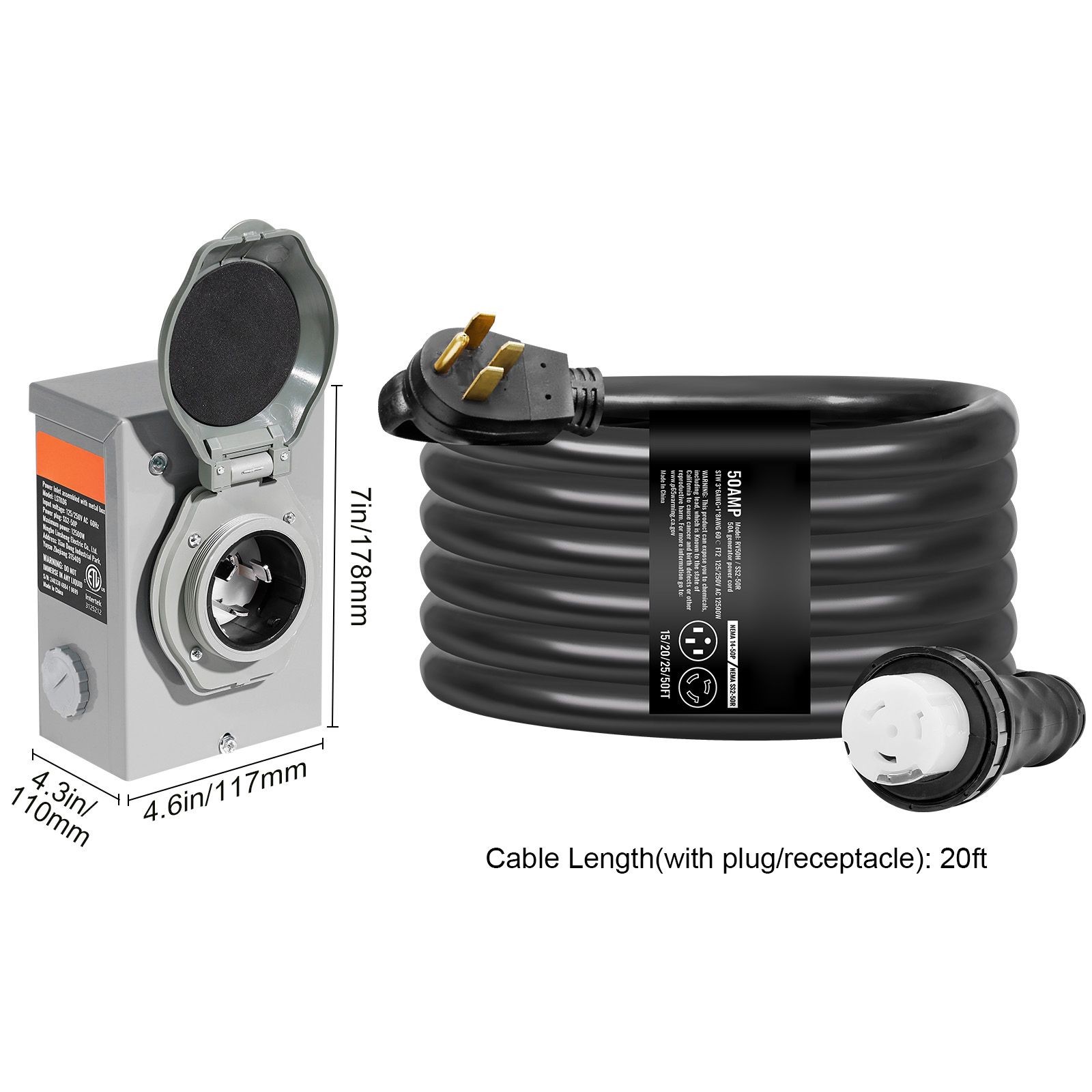 50 Amp Generator Cord and Power Inlet Box Kit, 20FT, NEMA 14 – 50P/ SS2 – 50R