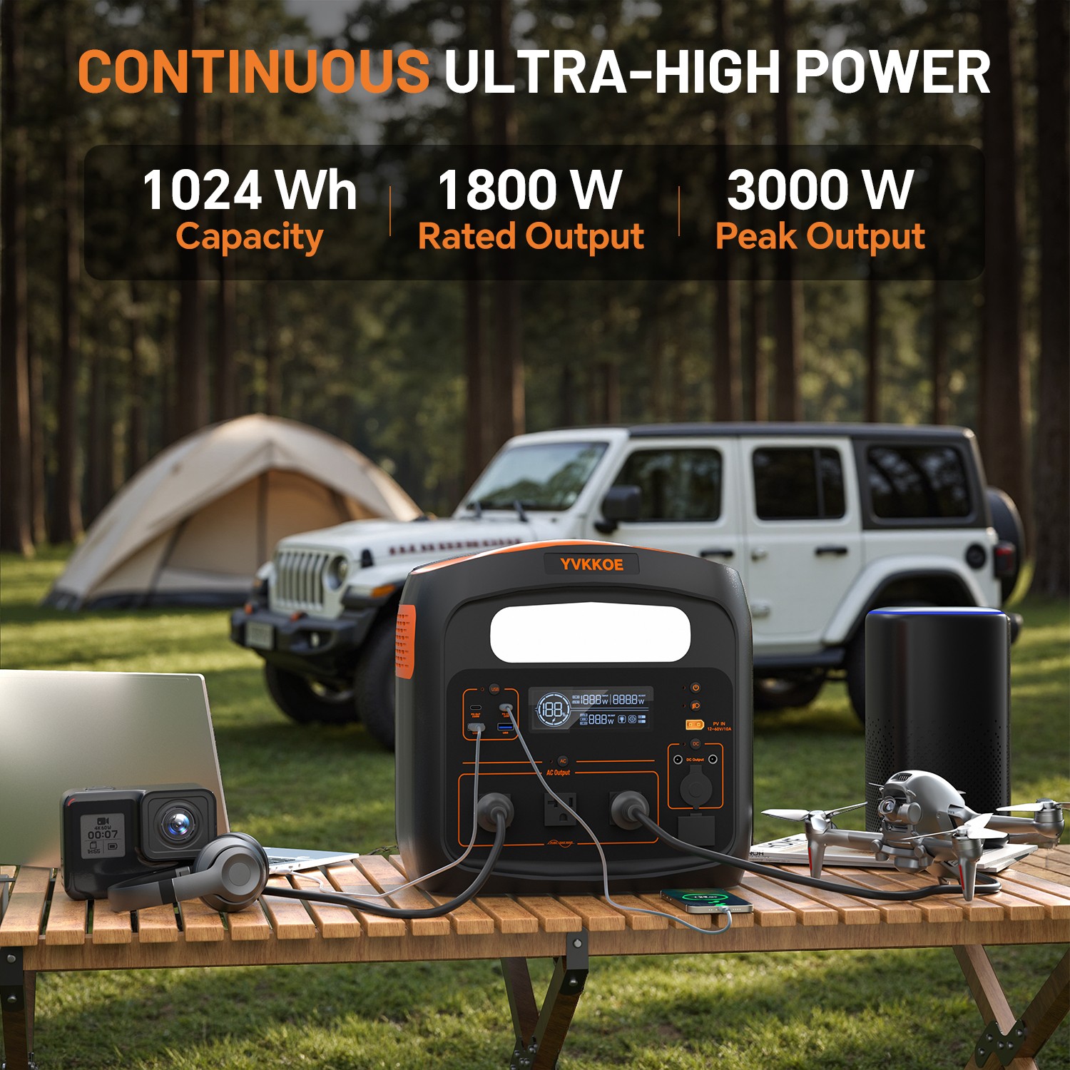 YVKKOE 1800W 1024Wh Solar Portable Power Station LFP for Outdoors