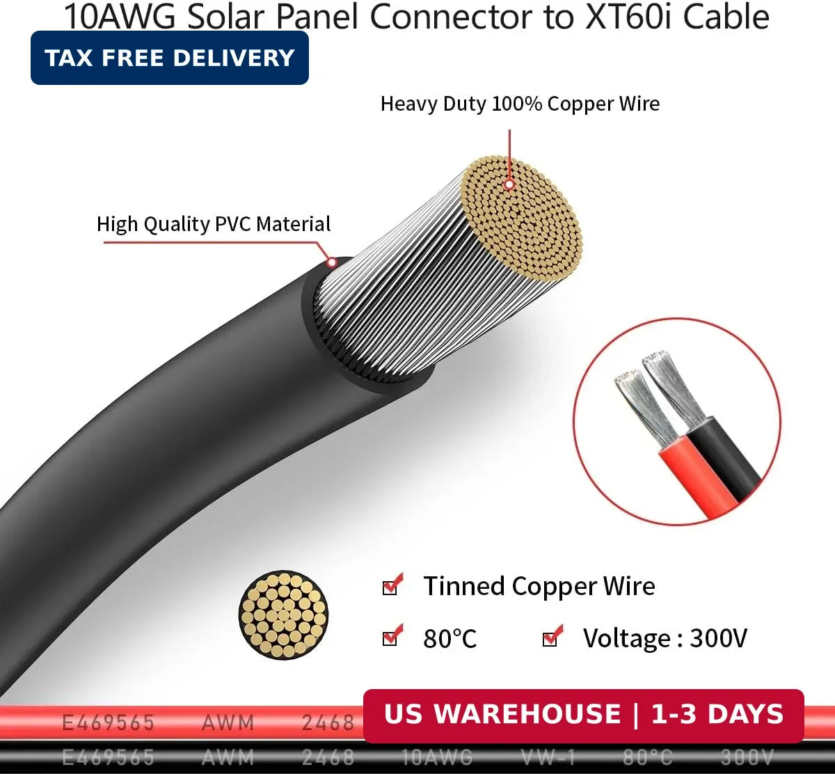 ELFCULB 10AWG 2FT Solar to XT60i Cable 2 10 25 35 50 75 100FT Solar Connector to