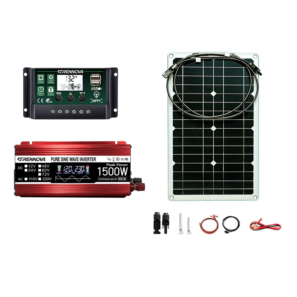 Grennova 1500W Pure Sine Solar Kit 80W 60A MPPT 12V 110/220V Inverter Home Use